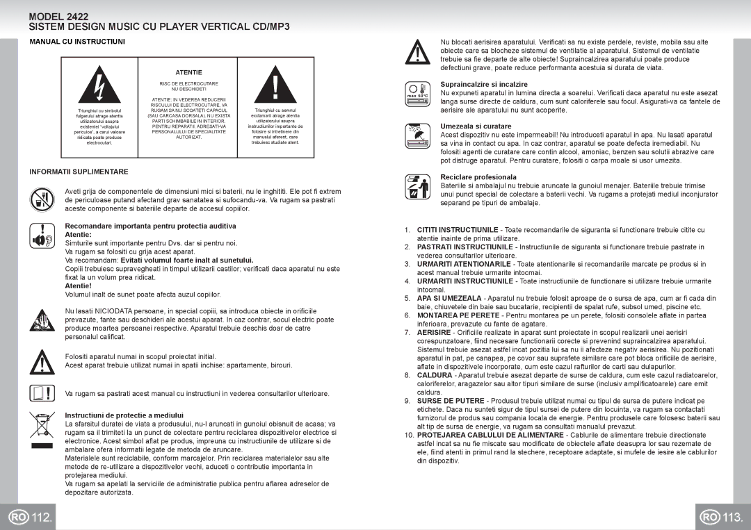 Elta 2422 manual 112 113, Sistem Design Music CU Player Vertical CD/MP3, Manual CU Instructiuni, Informatii Suplimentare 