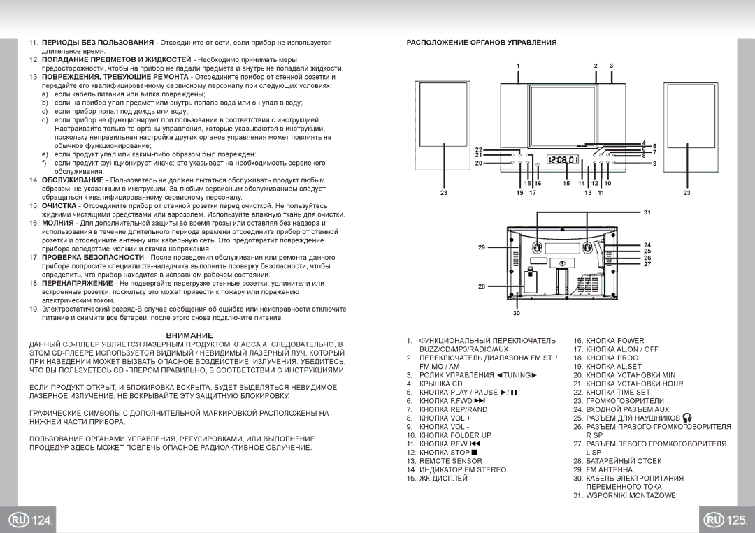 Elta 2422 manual 124 125, Внимание, Расположение Органов Управления 