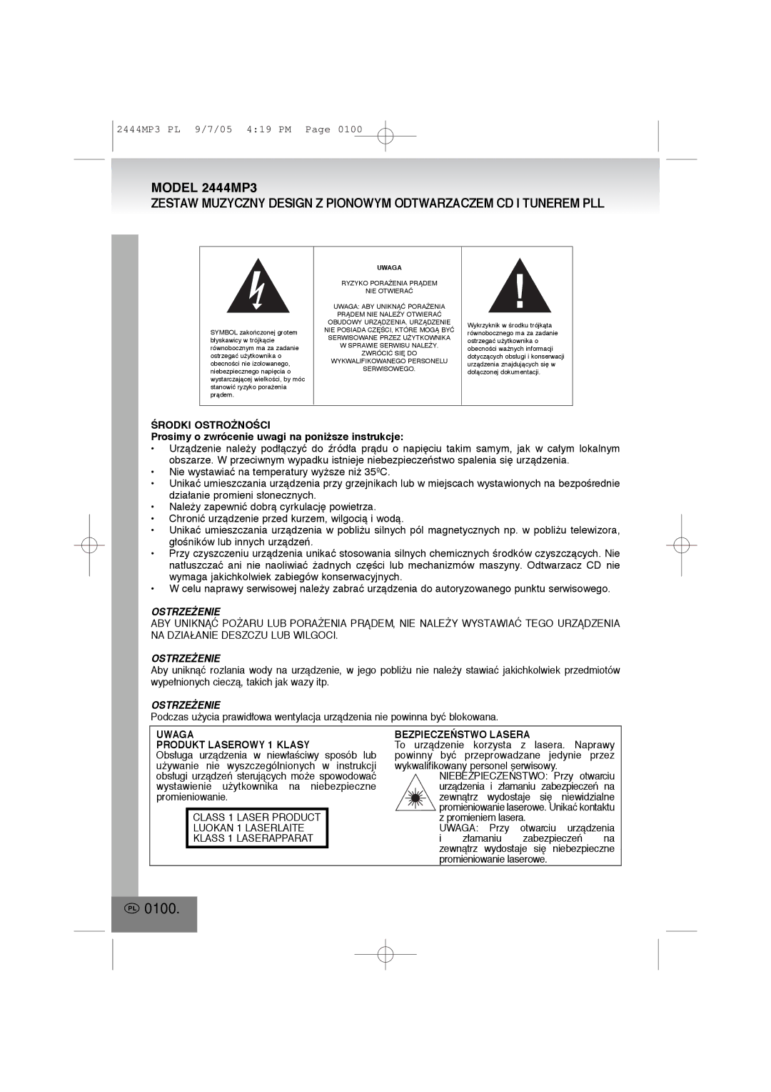 Elta 2444MP3 manual 0100, Uwaga Produkt Laserowy 1 Klasy, BEZPIECZE¡STWO Lasera 