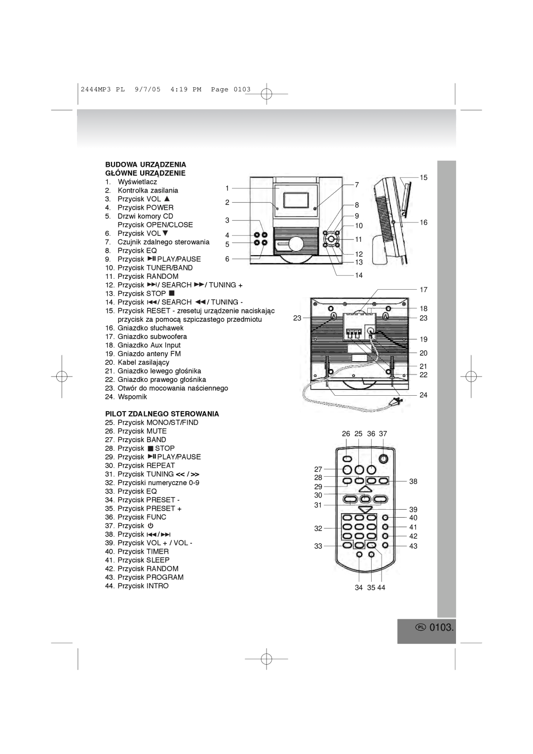 Elta 2444MP3 manual 0103, Budowa Urzñdzenia Główne Urzñdzenie, Pilot Zdalnego Sterowania 