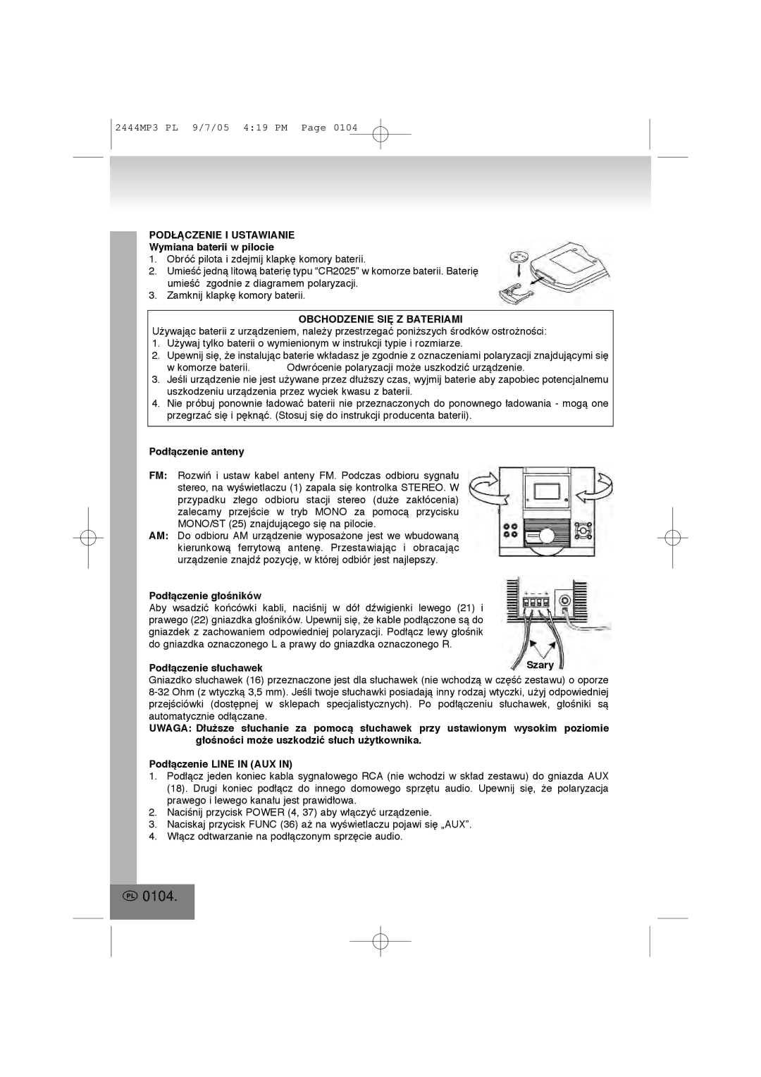 Elta 2444MP3 manual 0104, Podłñczenie I Ustawianie, Obchodzenie SI¢ Z Bateriami 