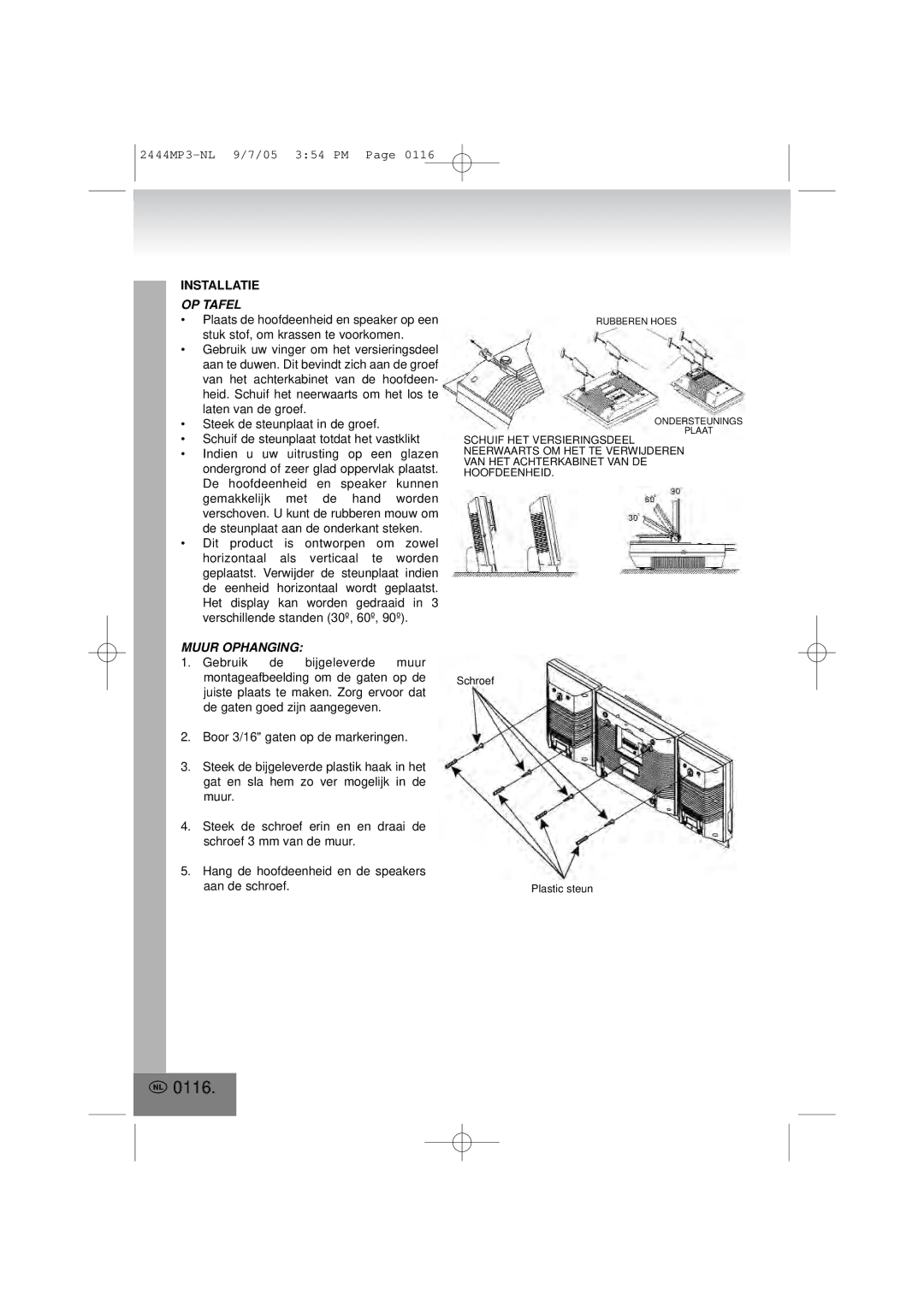 Elta 2444MP3 manual 0116, Installatie, OP Tafel, Muur Ophanging 