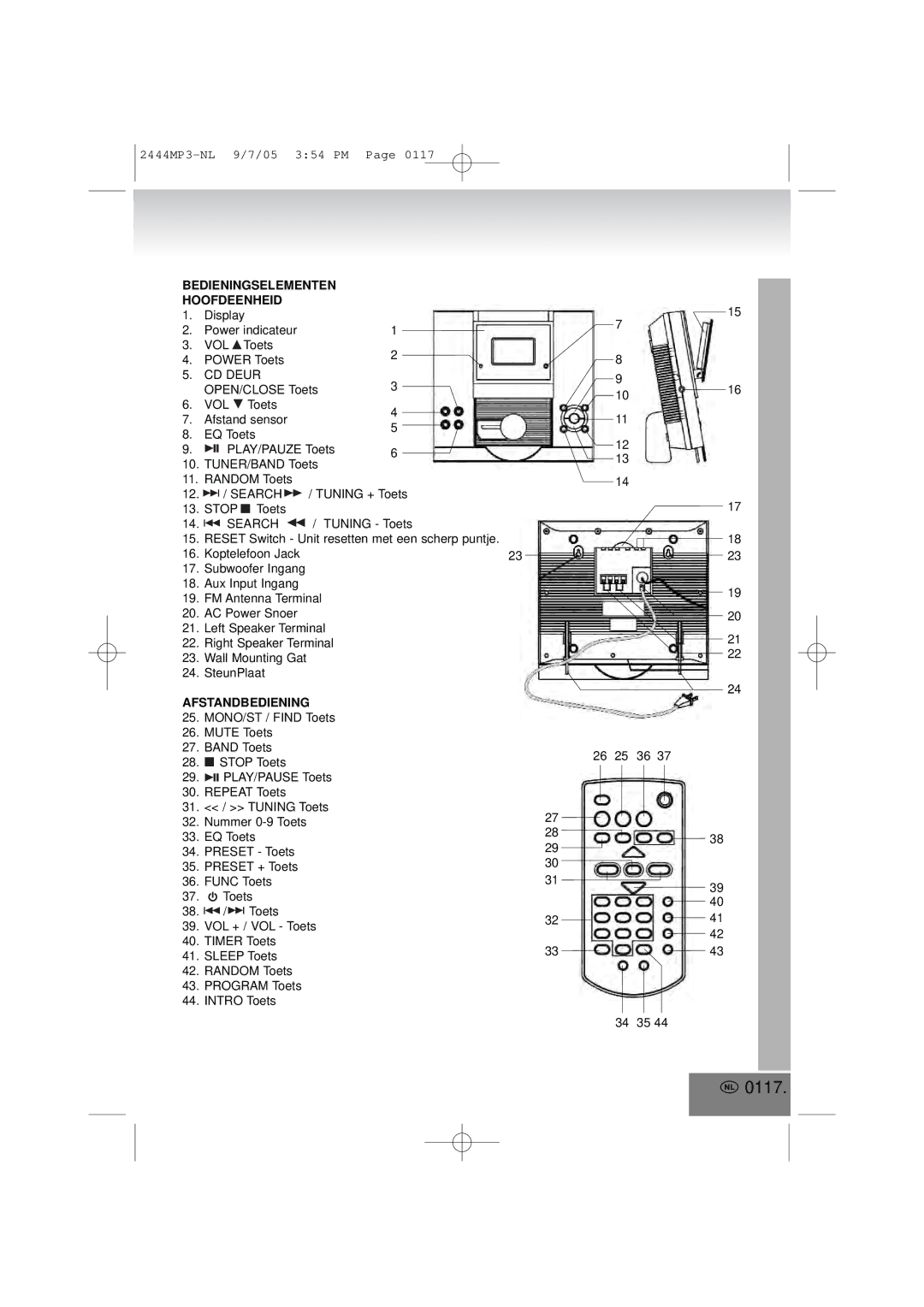 Elta 2444MP3 manual 0117, Bedieningselementen Hoofdeenheid, Afstandbediening 