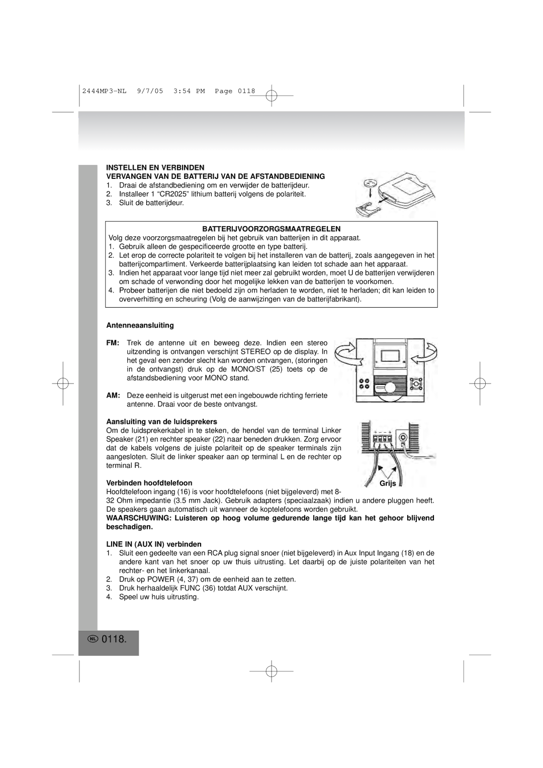 Elta 2444MP3 manual 0118, Batterijvoorzorgsmaatregelen, Antenneaansluiting, Aansluiting van de luidsprekers 