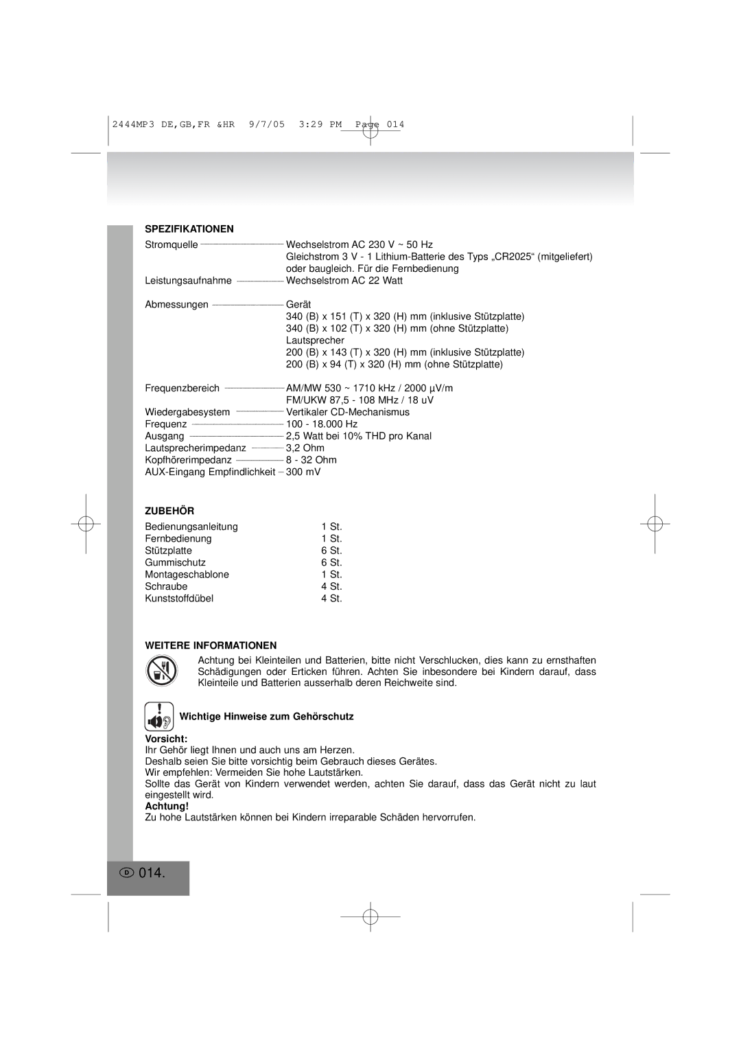 Elta 2444MP3 manual 014, Spezifikationen, Zubehör, Weitere Informationen 