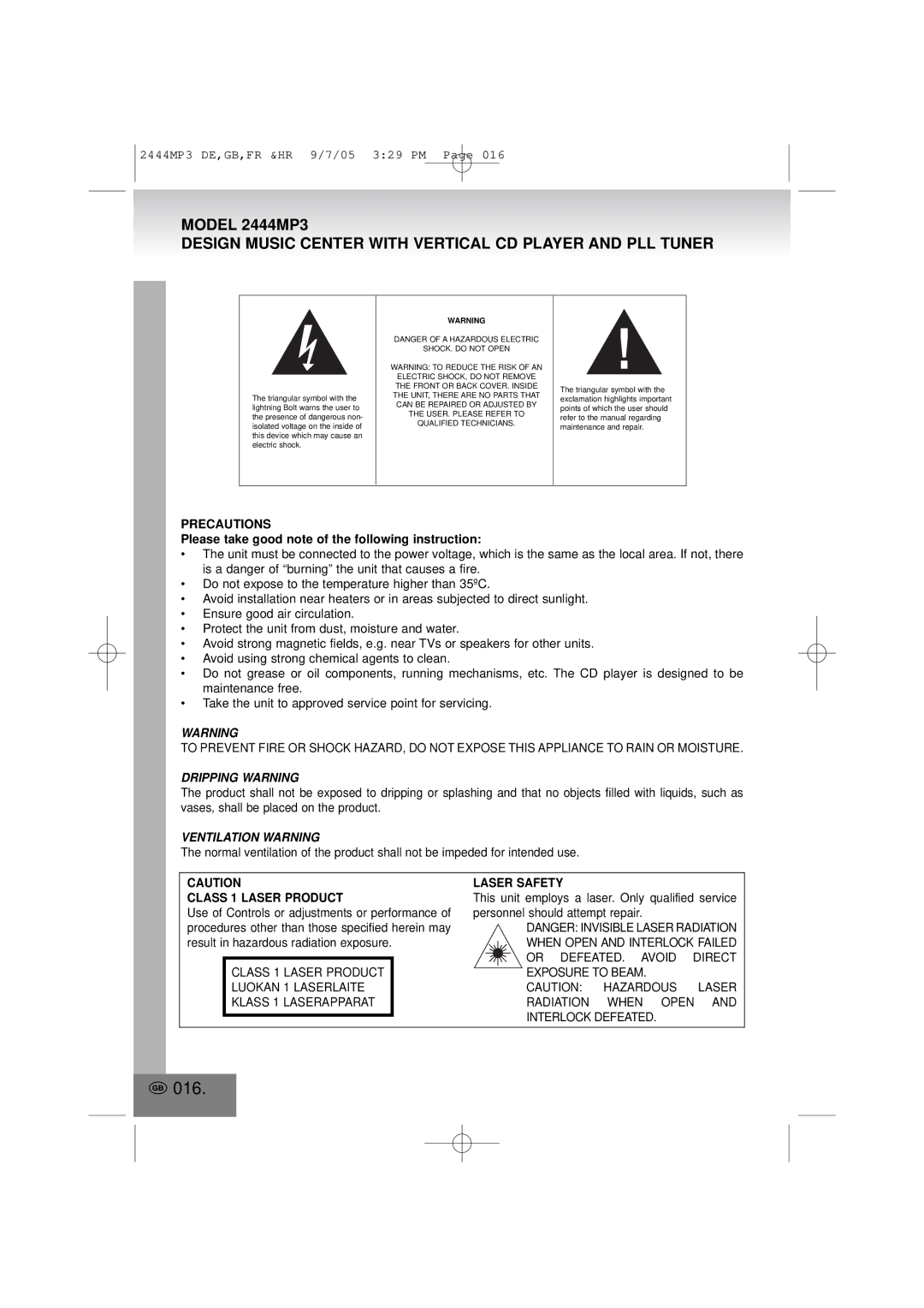 Elta 2444MP3 manual 016, Dripping Warning, Ventilation Warning 