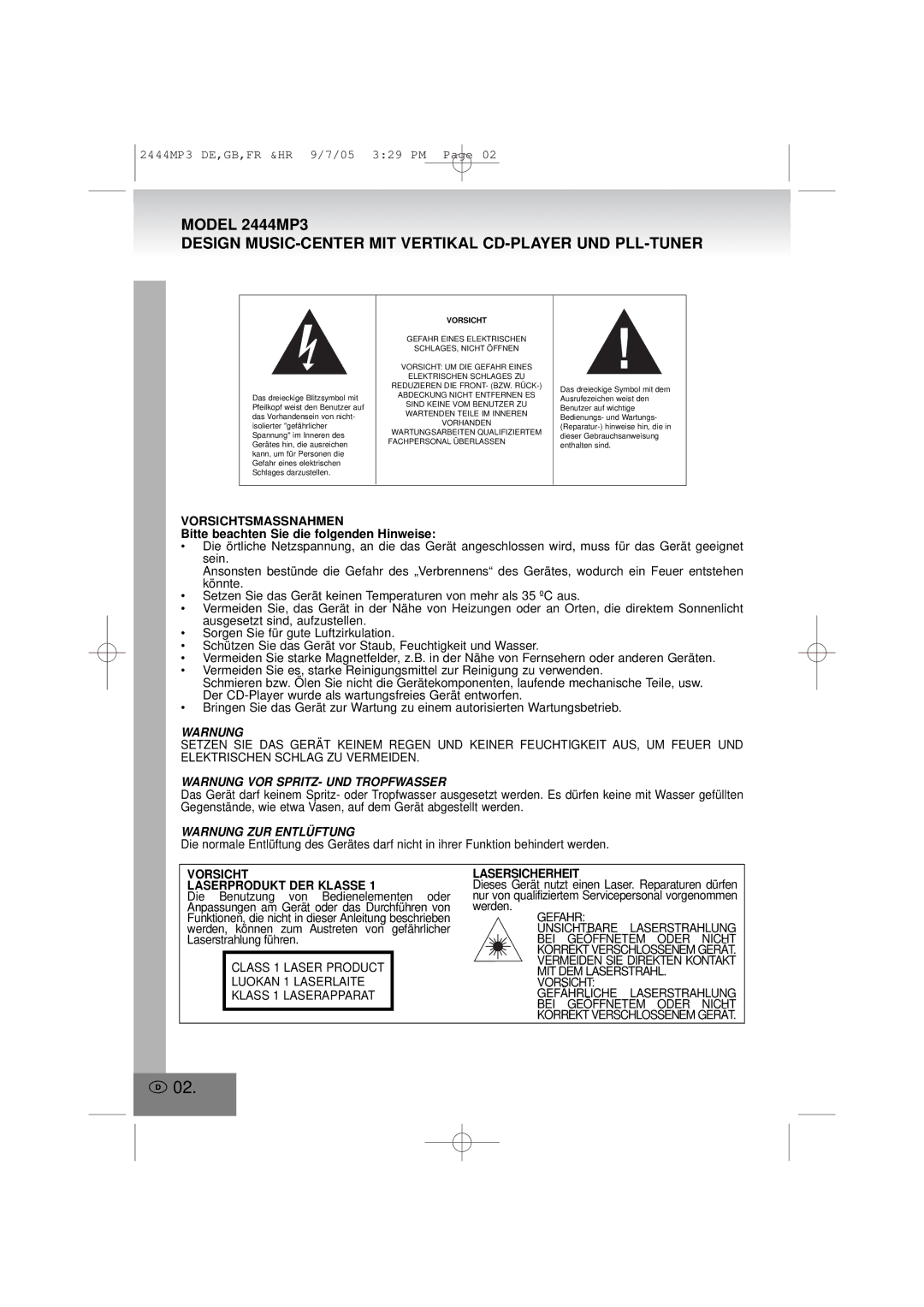 Elta 2444MP3 manual Warnung VOR SPRITZ- UND Tropfwasser, Warnung ZUR Entlüftung 