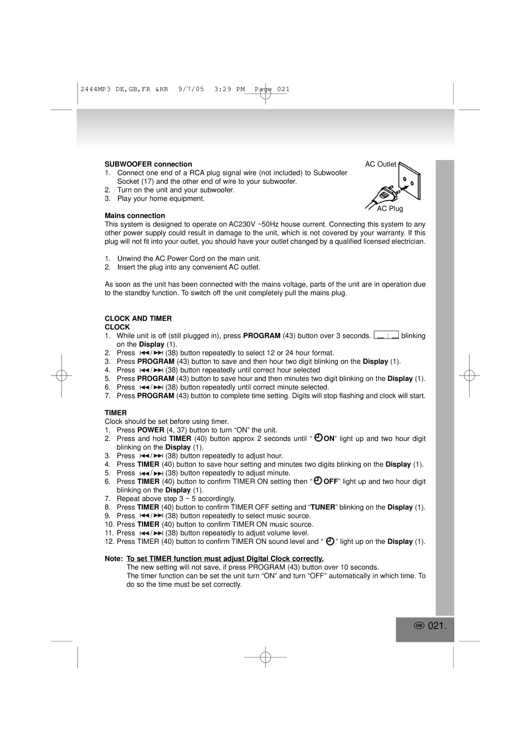 Elta 2444MP3 manual 021, Subwoofer connection AC Outlet, Mains connection, Clock and Timer 