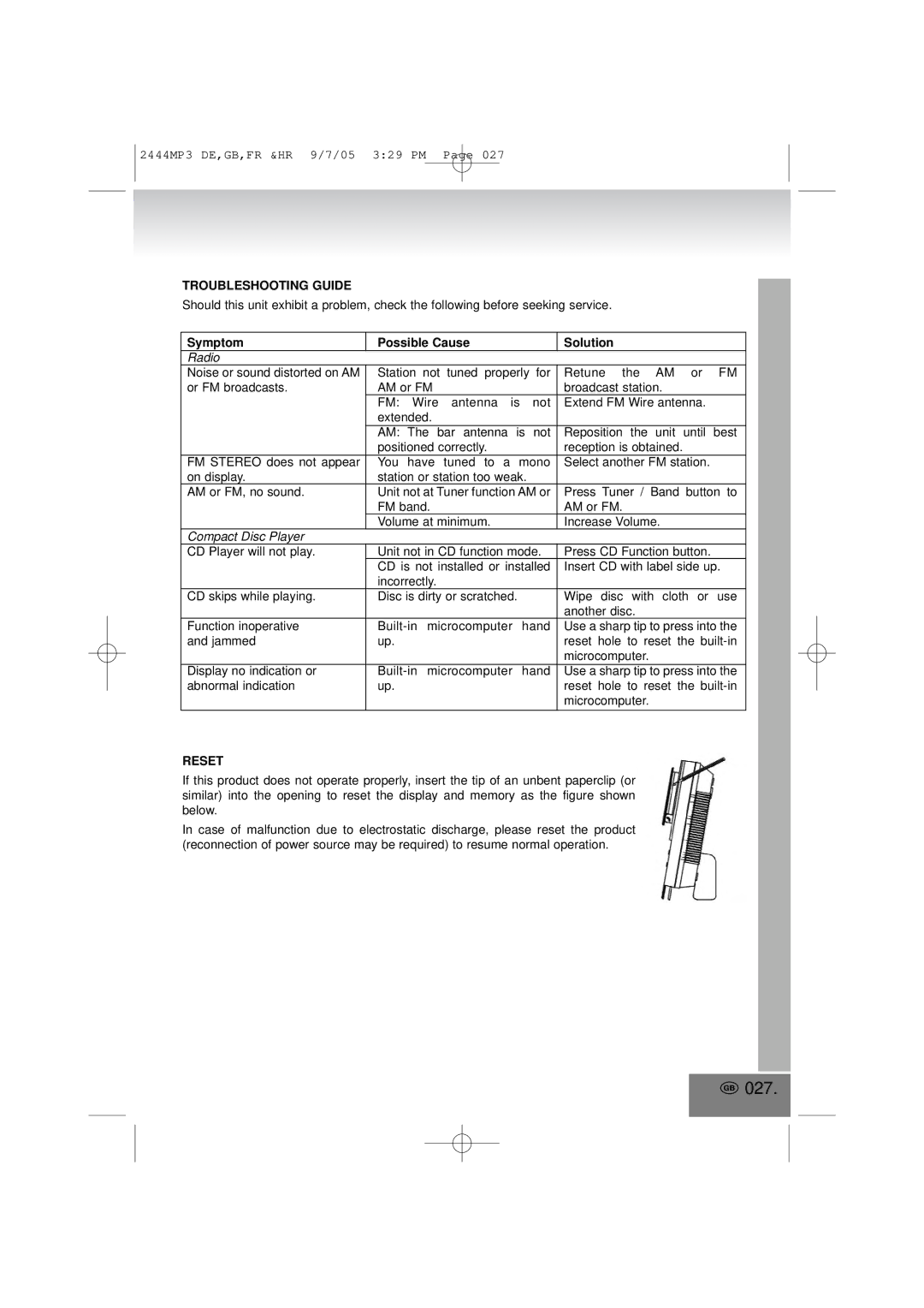 Elta 2444MP3 manual 027, Troubleshooting Guide, Reset 