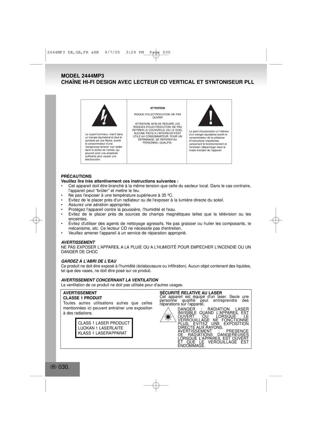 Elta 2444MP3 manual 030, Gardez À Labri DE Leau, Avertissement Concernant LA Ventilation 