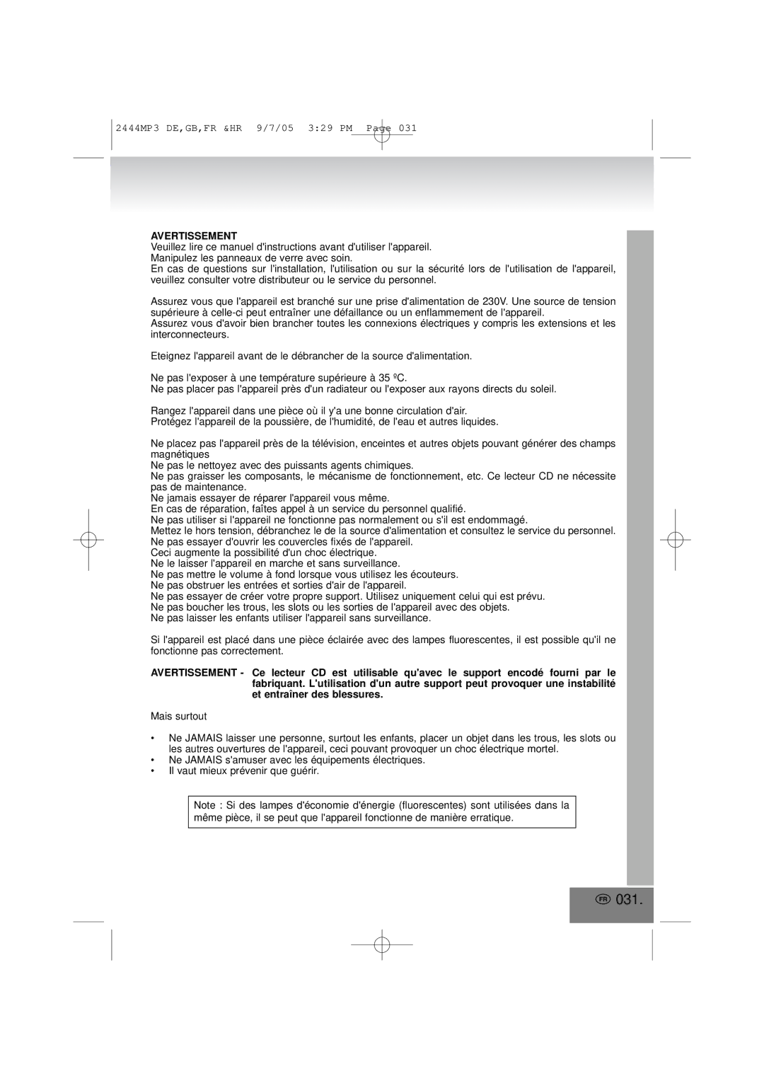 Elta 2444MP3 manual 031, Avertissement 