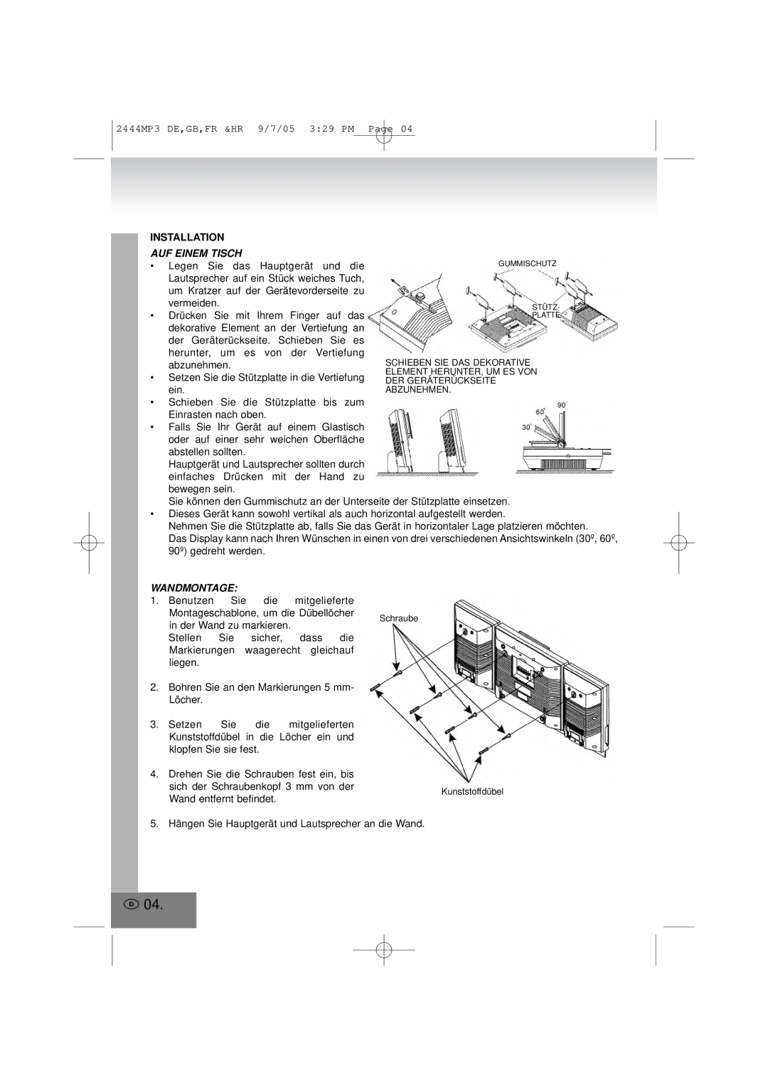 Elta 2444MP3 manual Installation, AUF Einem Tisch, Wandmontage 