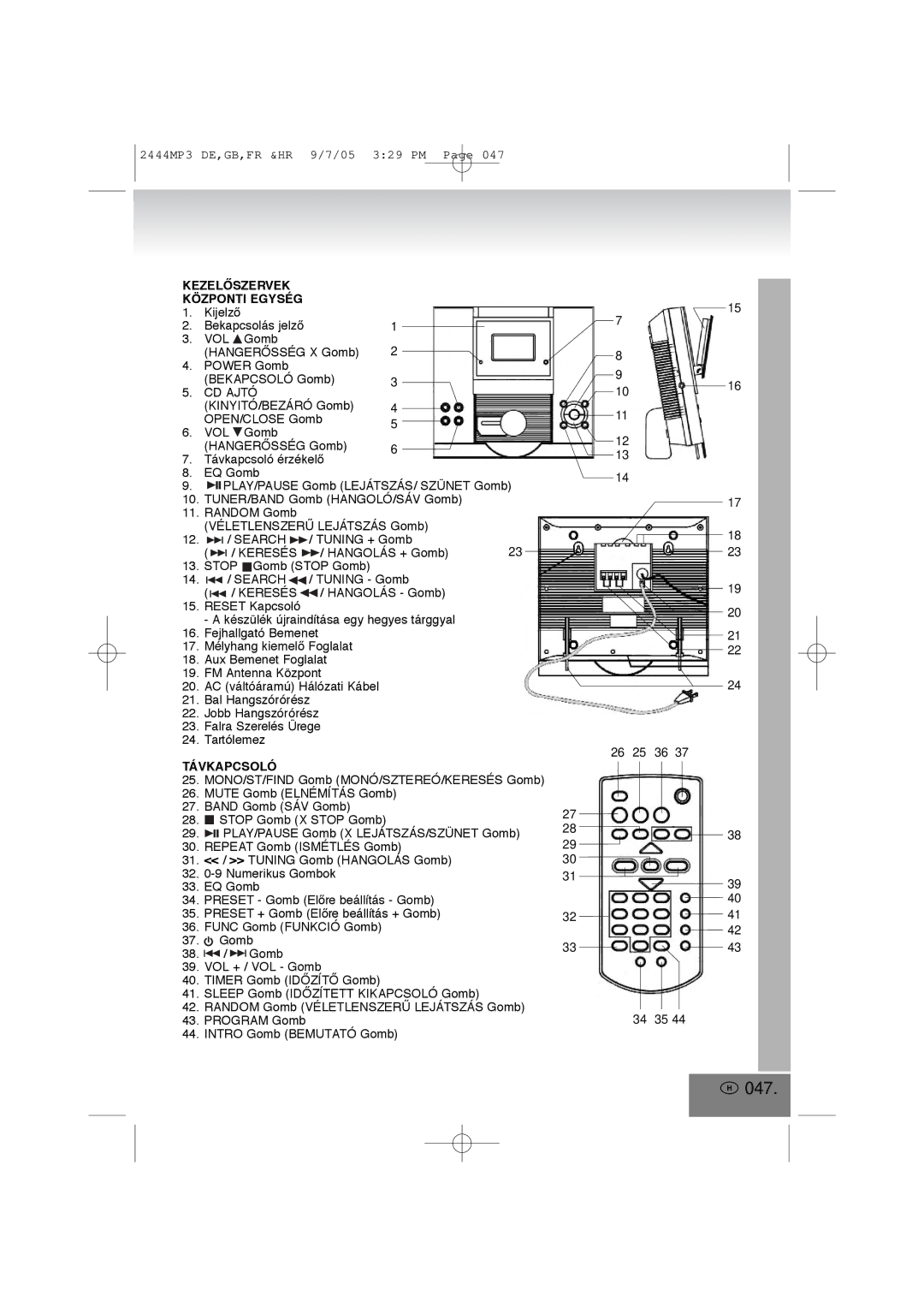 Elta 2444MP3 manual 047, Kezelãszervek Központi Egység, Vol, CD Ajtó, Távkapcsoló 