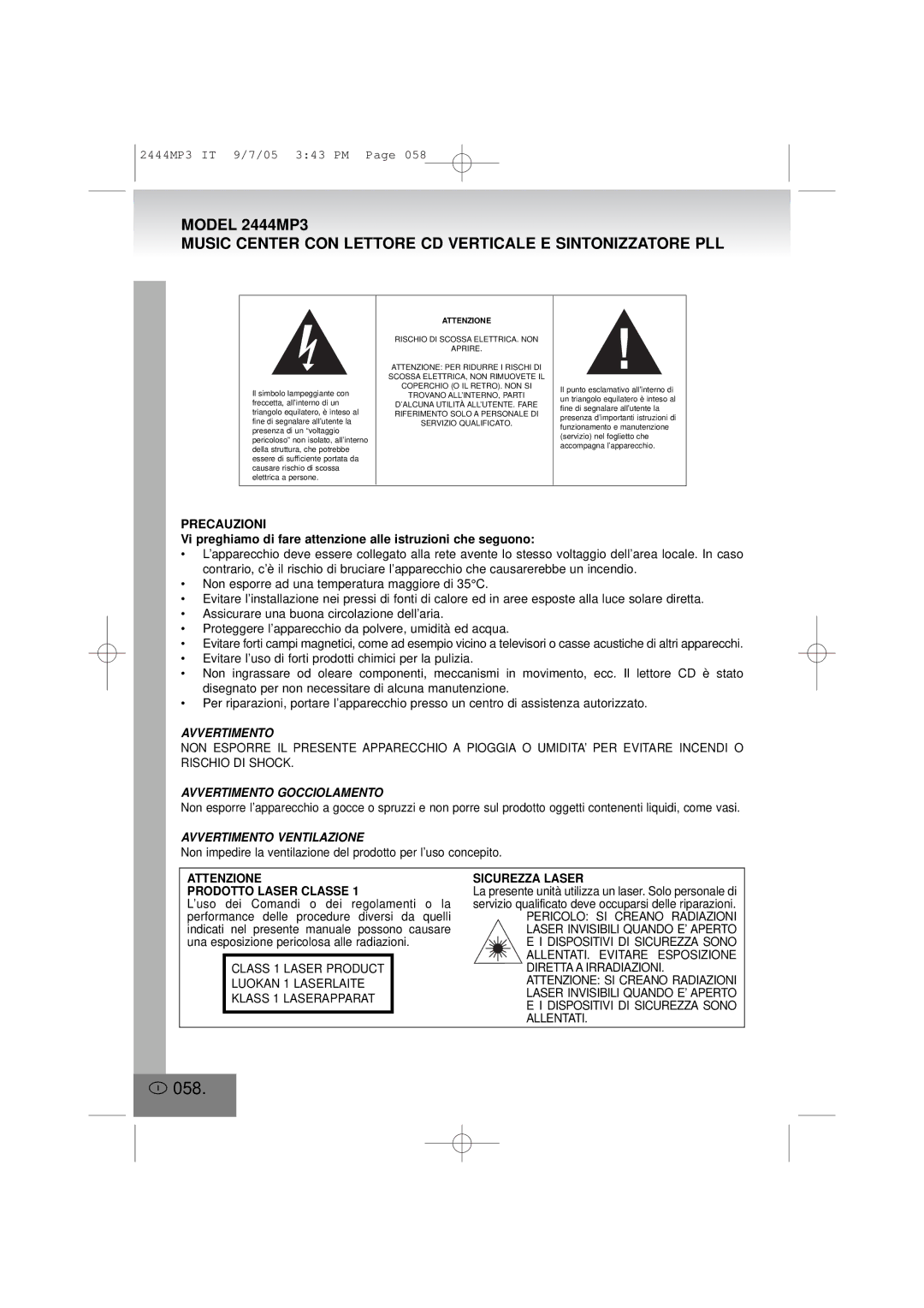 Elta 2444MP3 manual 058, Avvertimento Gocciolamento, Avvertimento Ventilazione 