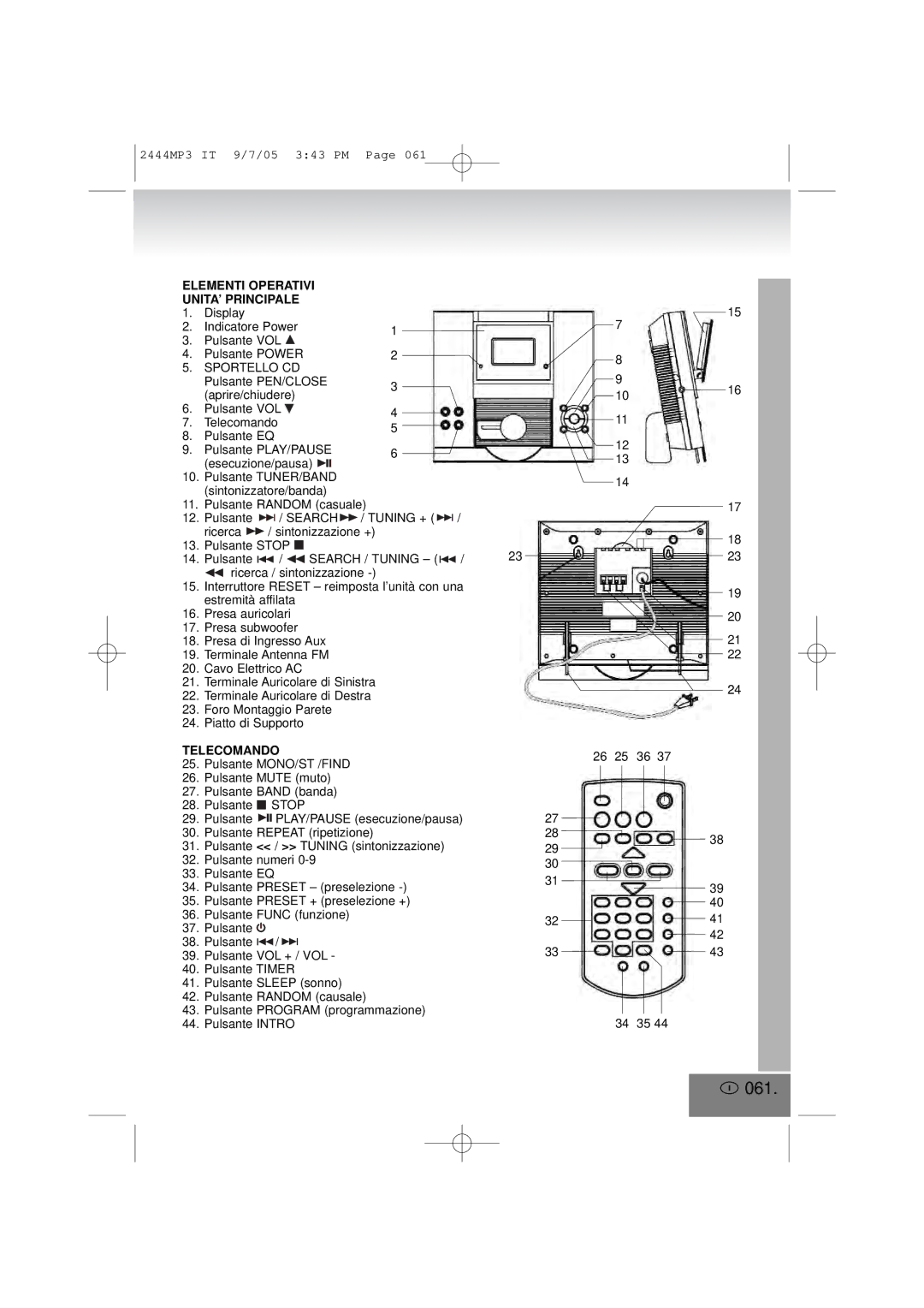 Elta 2444MP3 manual 061, Elementi Operativi UNITA’ Principale, Telecomando 