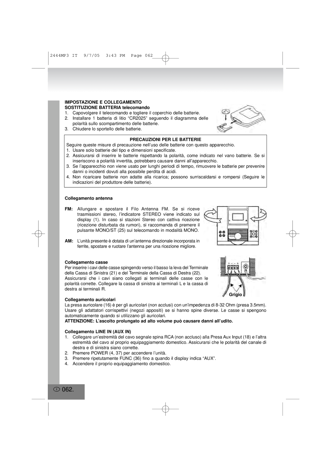 Elta 2444MP3 manual 062, Impostazione E Collegamento, Precauzioni PER LE Batterie 