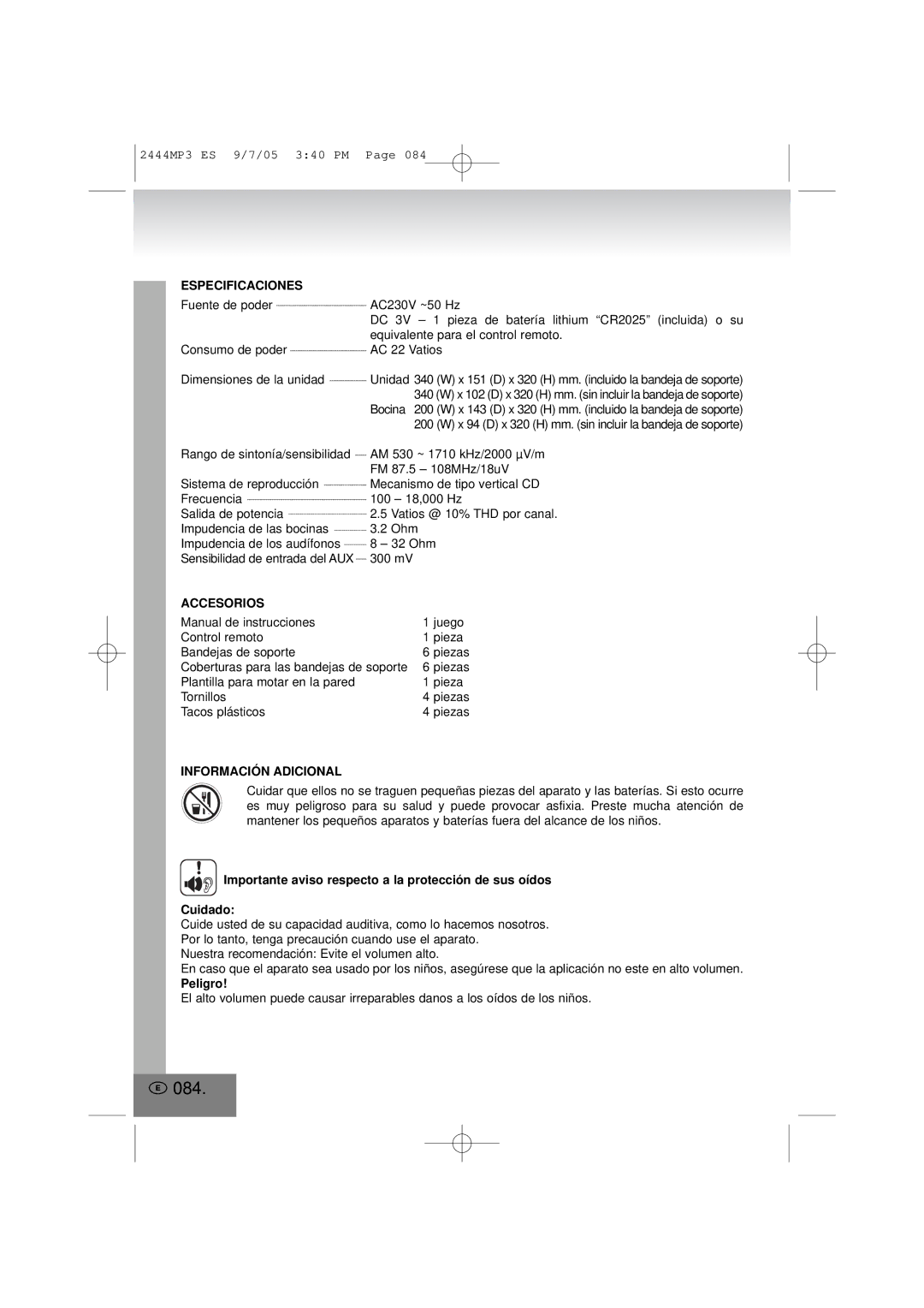 Elta 2444MP3 manual 084, Especificaciones, Accesorios, Información Adicional, Peligro 