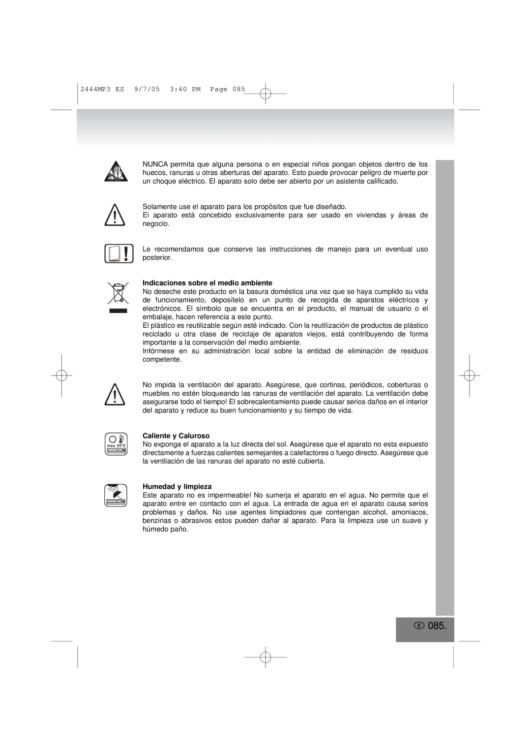 Elta 2444MP3 manual 085, Indicaciones sobre el medio ambiente, Caliente y Caluroso, Humedad y limpieza 