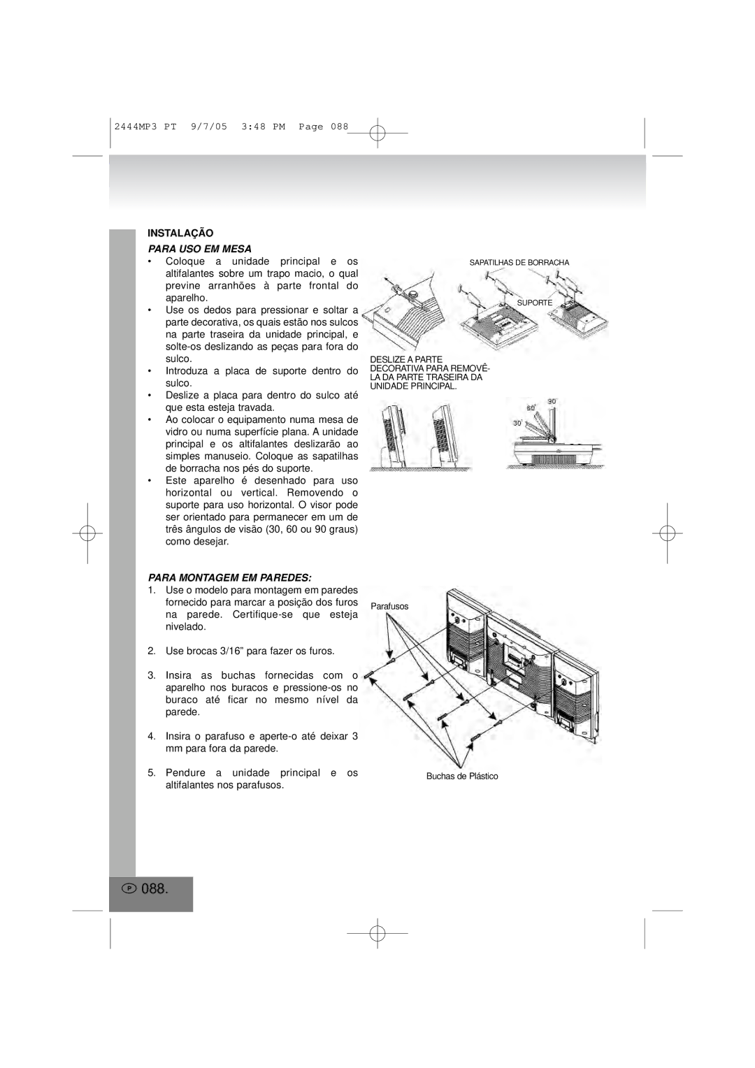 Elta 2444MP3 manual 088, Instalação, Para USO EM Mesa, Para Montagem EM Paredes 