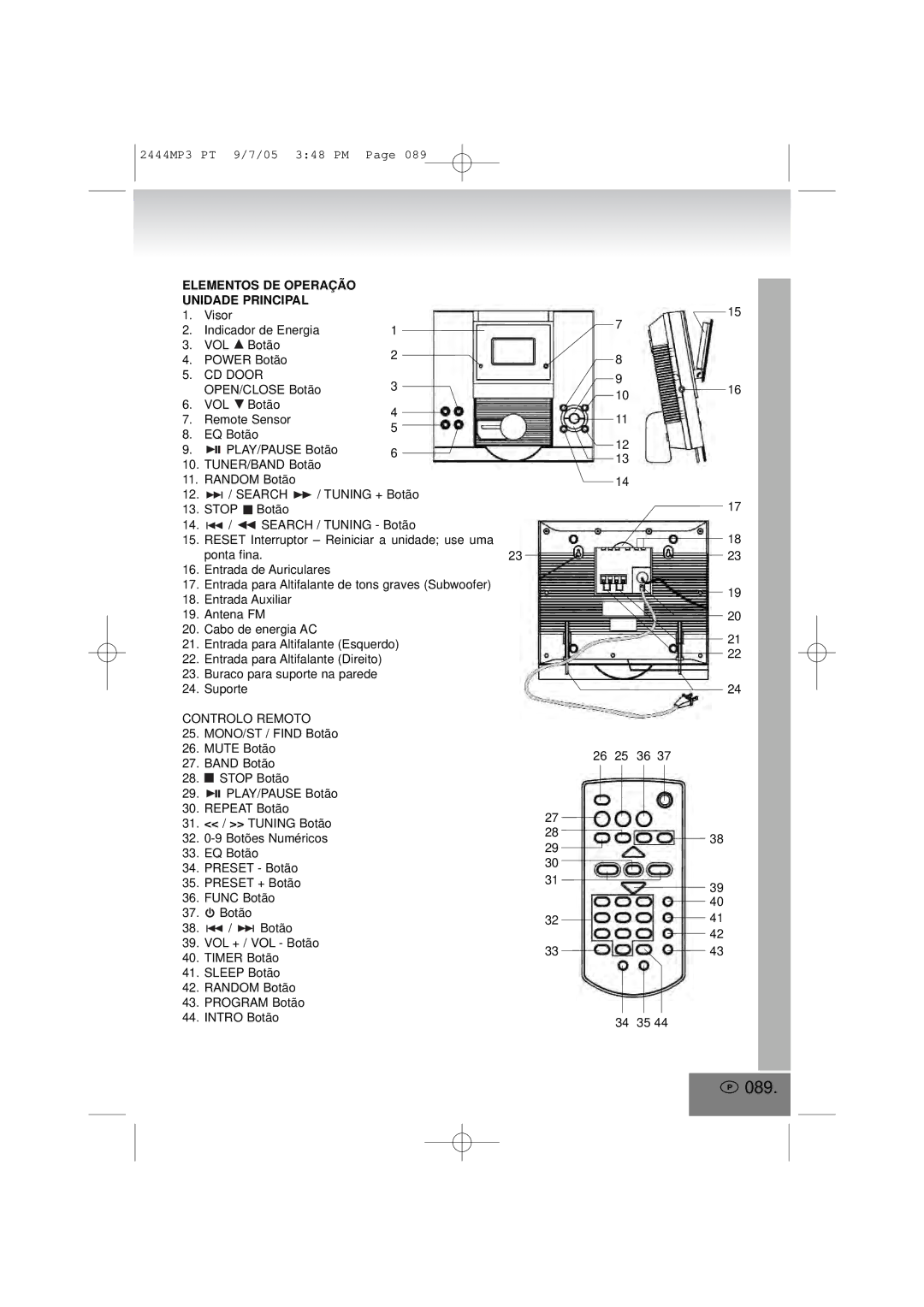 Elta 2444MP3 manual 089, Elementos DE Operação Unidade Principal 