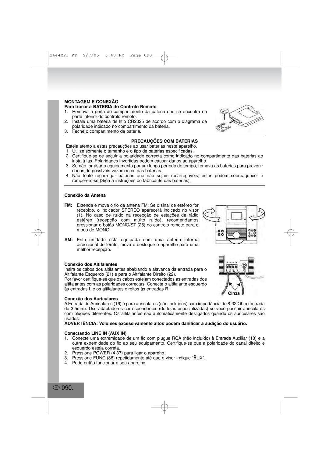 Elta 2444MP3 manual 090, Montagem E Conexão, Precauções COM Baterias 