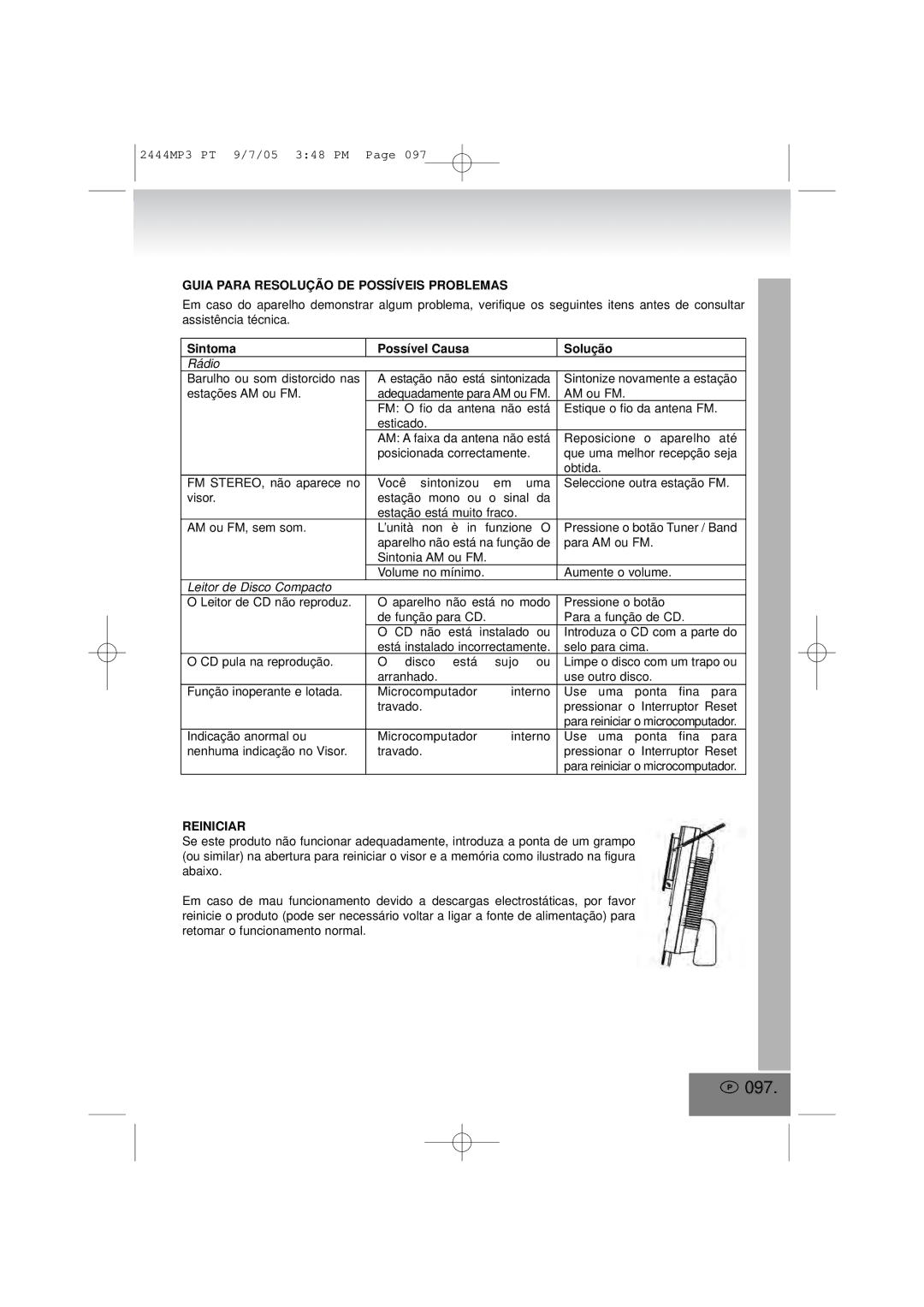 Elta 2444MP3 manual 097, Guia Para Resolução DE Possíveis Problemas, Reiniciar 