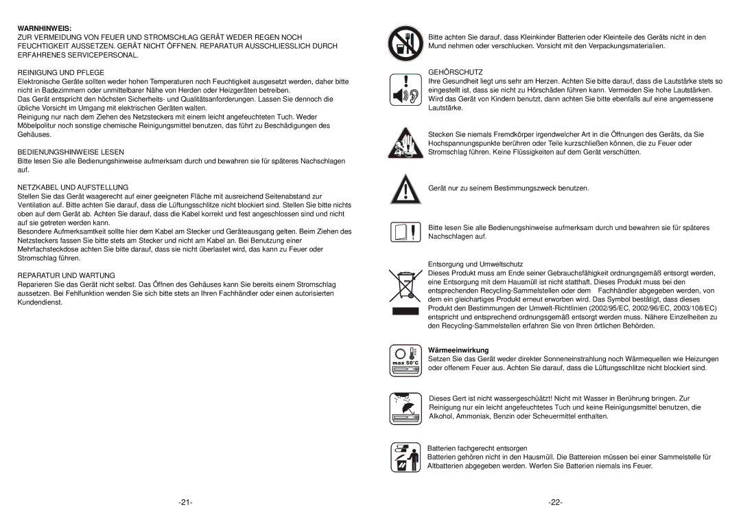 Elta 2461USB manual Warnhinweis, Wärmeeinwirkung 