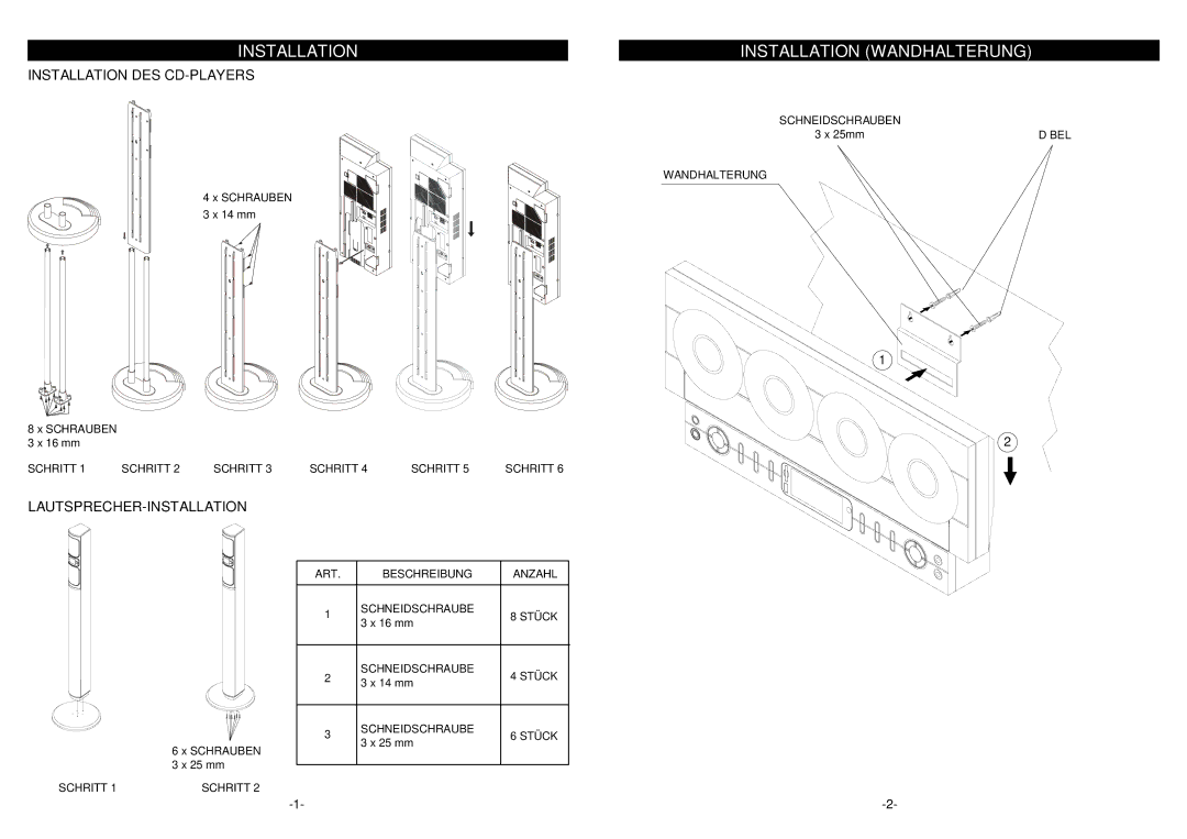 Elta 2461USB manual Installation Wandhalterung, Schneidschrauben, Dübel 