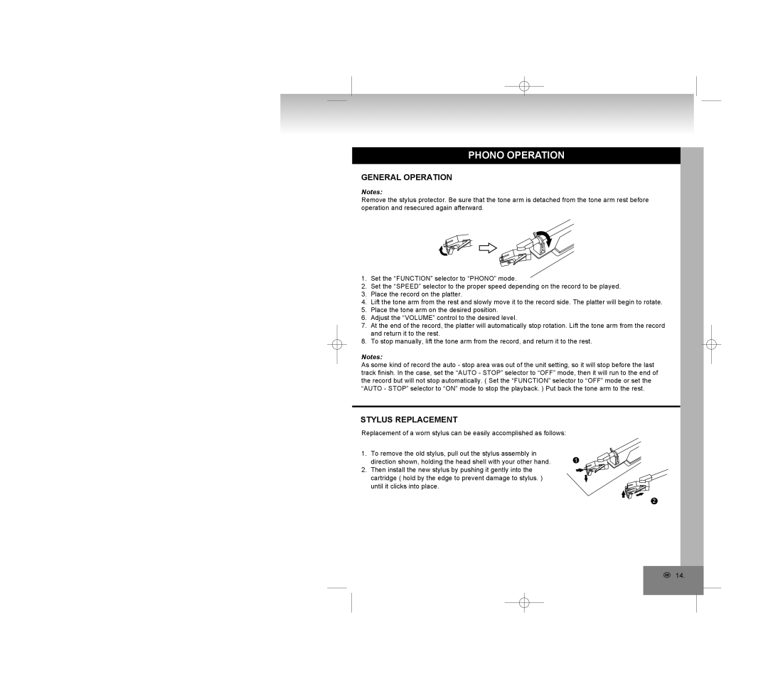 Elta 2750G manual Phono Operation, Stylus Replacement 