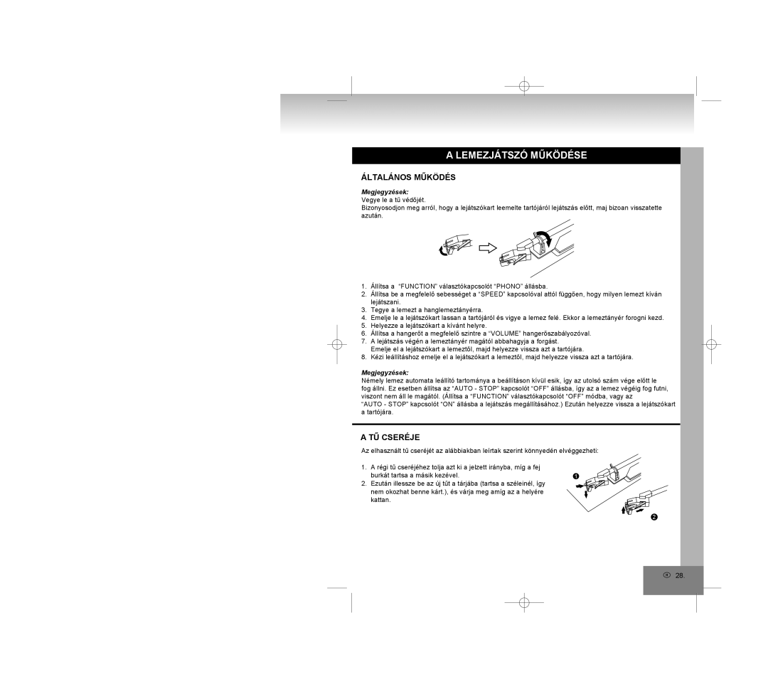 Elta 2750G manual Lemezjátszó Működése, TŰ Cseréje 