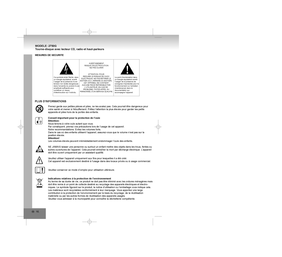Elta manual MODELE 2750G, Plus D’Informations, Mesures De Securite, Conseil important pour la protection de l’ouïe 
