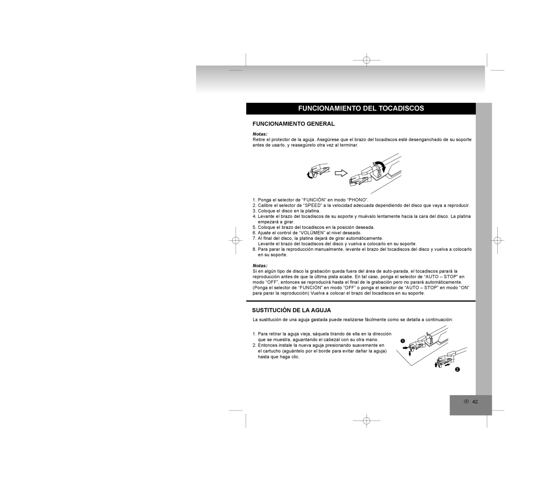 Elta 2750G manual Funcionamiento Del Tocadiscos, Sustitución De La Aguja, Notas, Funcionamiento General 