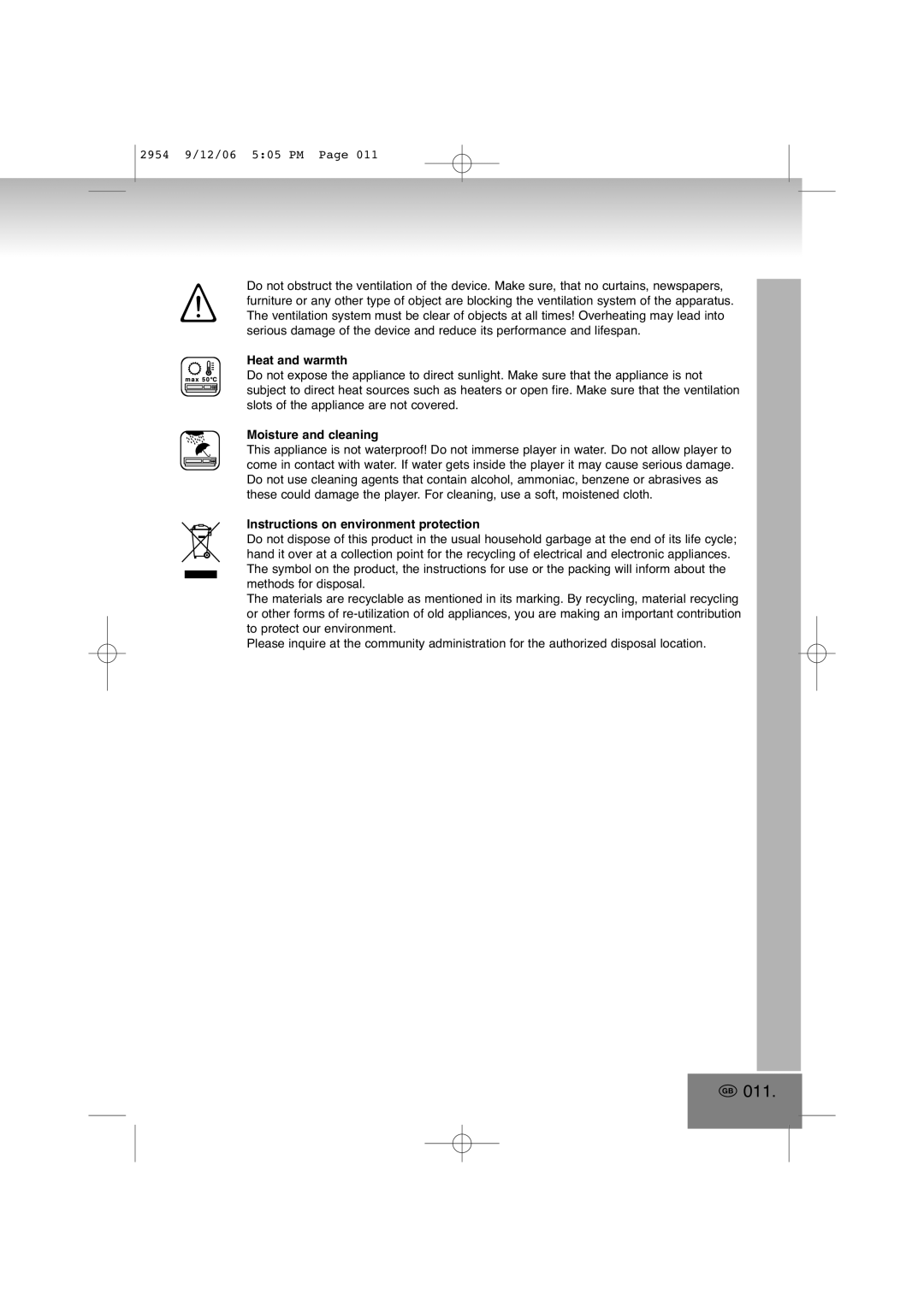 Elta 2954 manual 011, Heat and warmth, Moisture and cleaning, Instructions on environment protection 