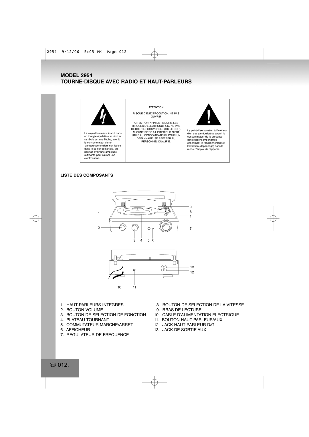 Elta 2954 manual 012, TOURNE-DISQUE Avec Radio ET HAUT-PARLEURS, Liste DES Composants 