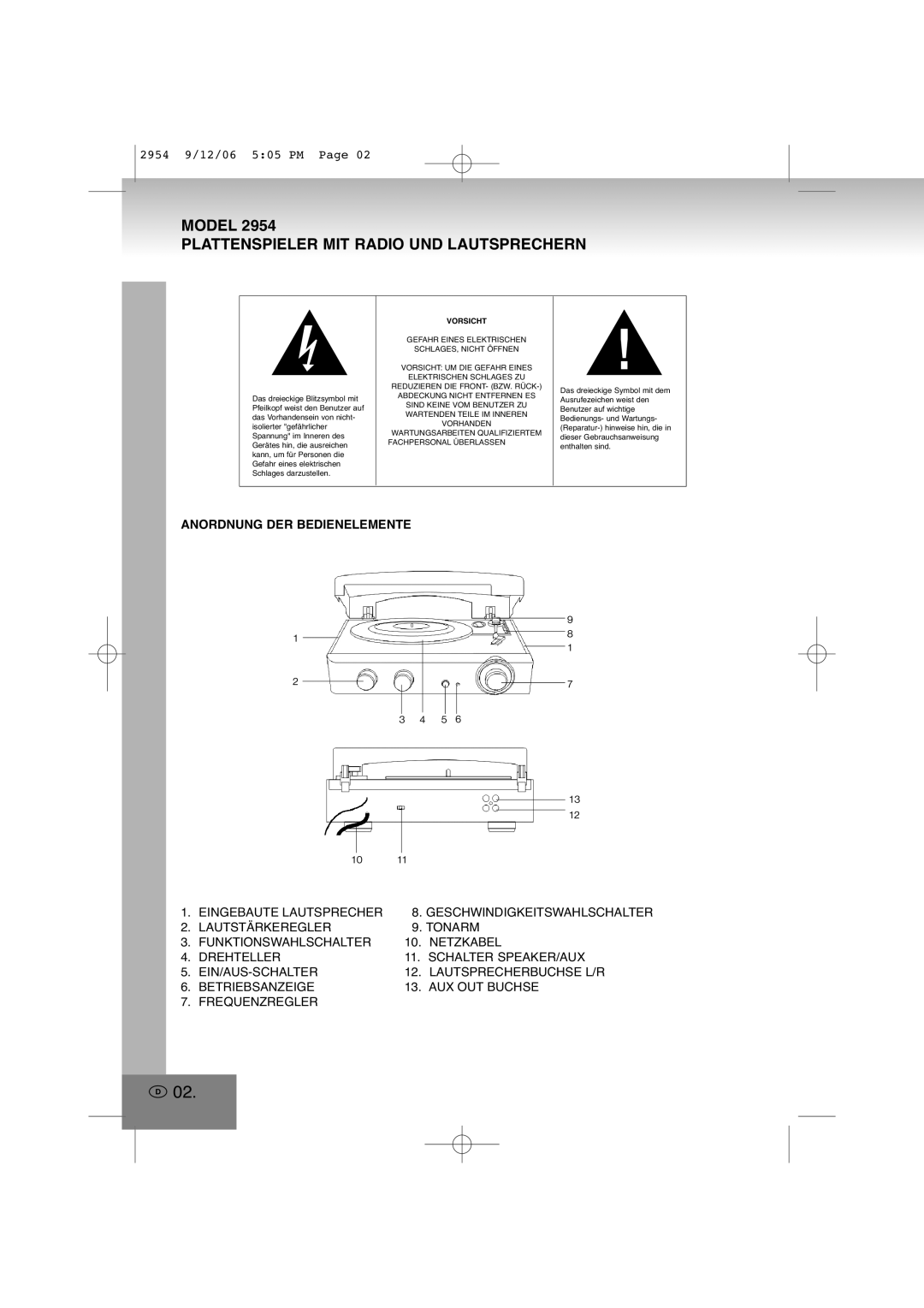 Elta 2954 manual Plattenspieler MIT Radio UND Lautsprechern, Anordnung DER Bedienelemente 