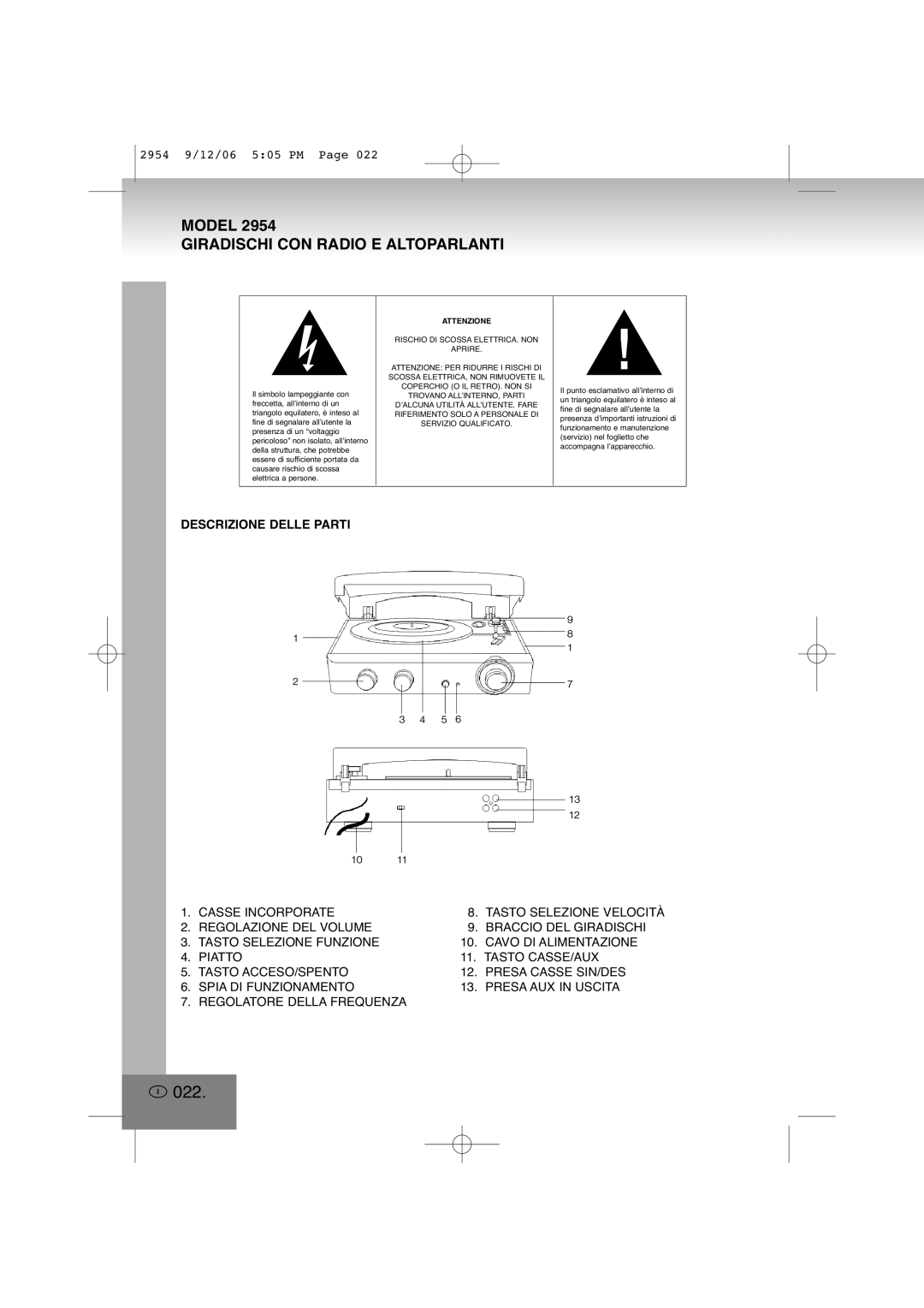 Elta 2954 manual 022, Giradischi CON Radio E Altoparlanti, Descrizione Delle Parti 