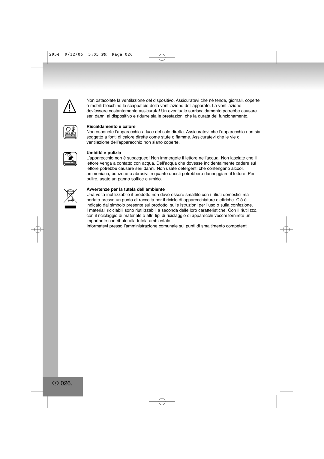 Elta 2954 manual 026, Riscaldamento e calore, Umidità e pulizia, Avvertenze per la tutela dell’ambiente 