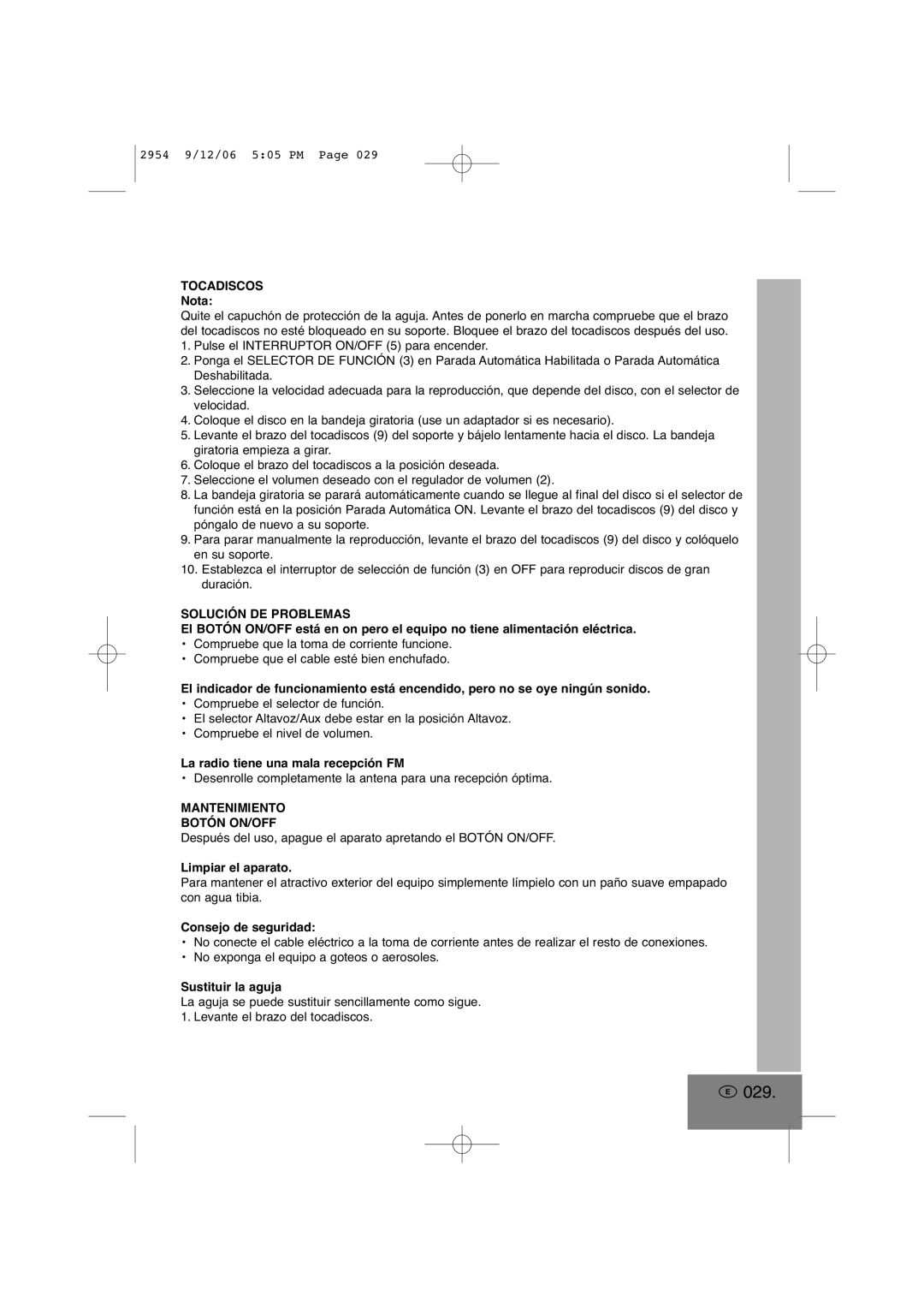 Elta 2954 manual 029, Tocadiscos, Solución DE Problemas, Mantenimiento Botón ON/OFF 