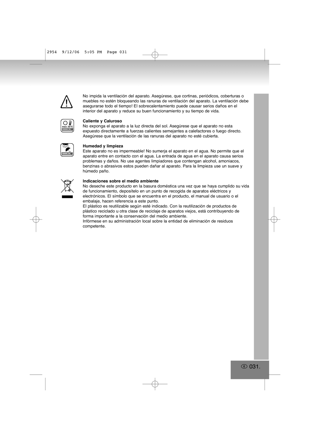 Elta 2954 manual 031, Caliente y Caluroso, Humedad y limpieza, Indicaciones sobre el medio ambiente 