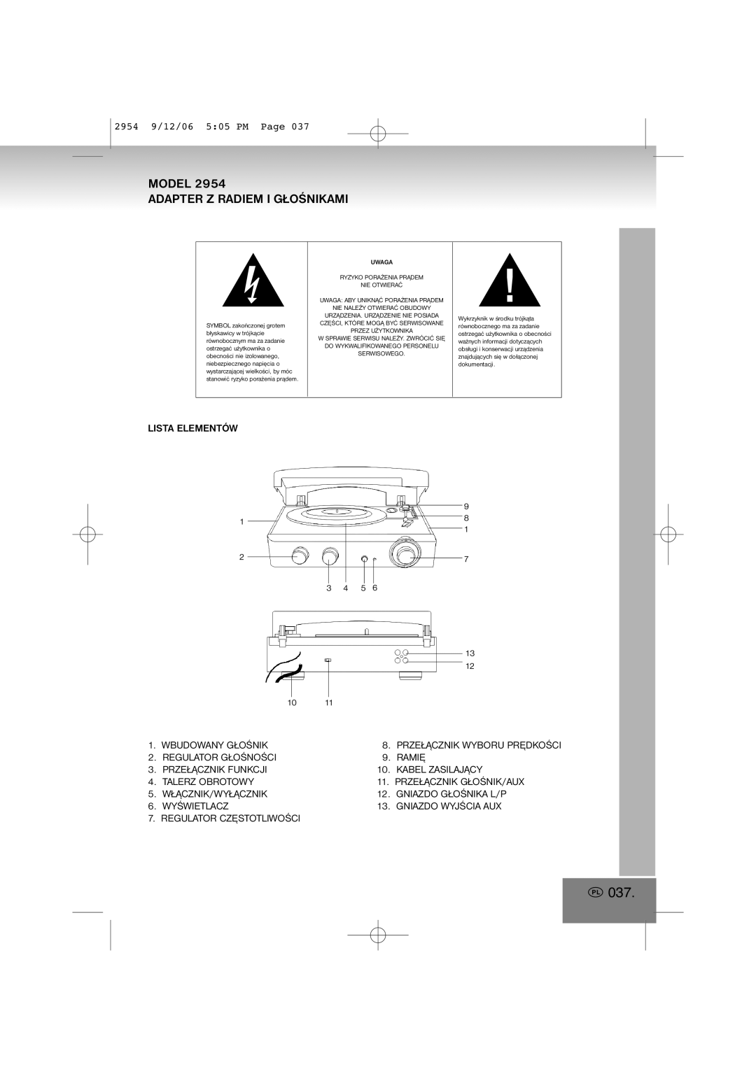 Elta 2954 manual 037, Lista Elementów Wbudowany Głośnik 