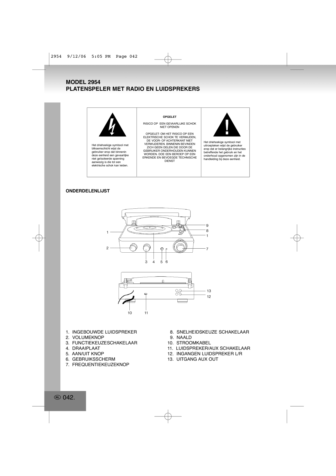 Elta 2954 manual 042, Platenspeler MET Radio EN Luidsprekers, Onderdelenlijst 