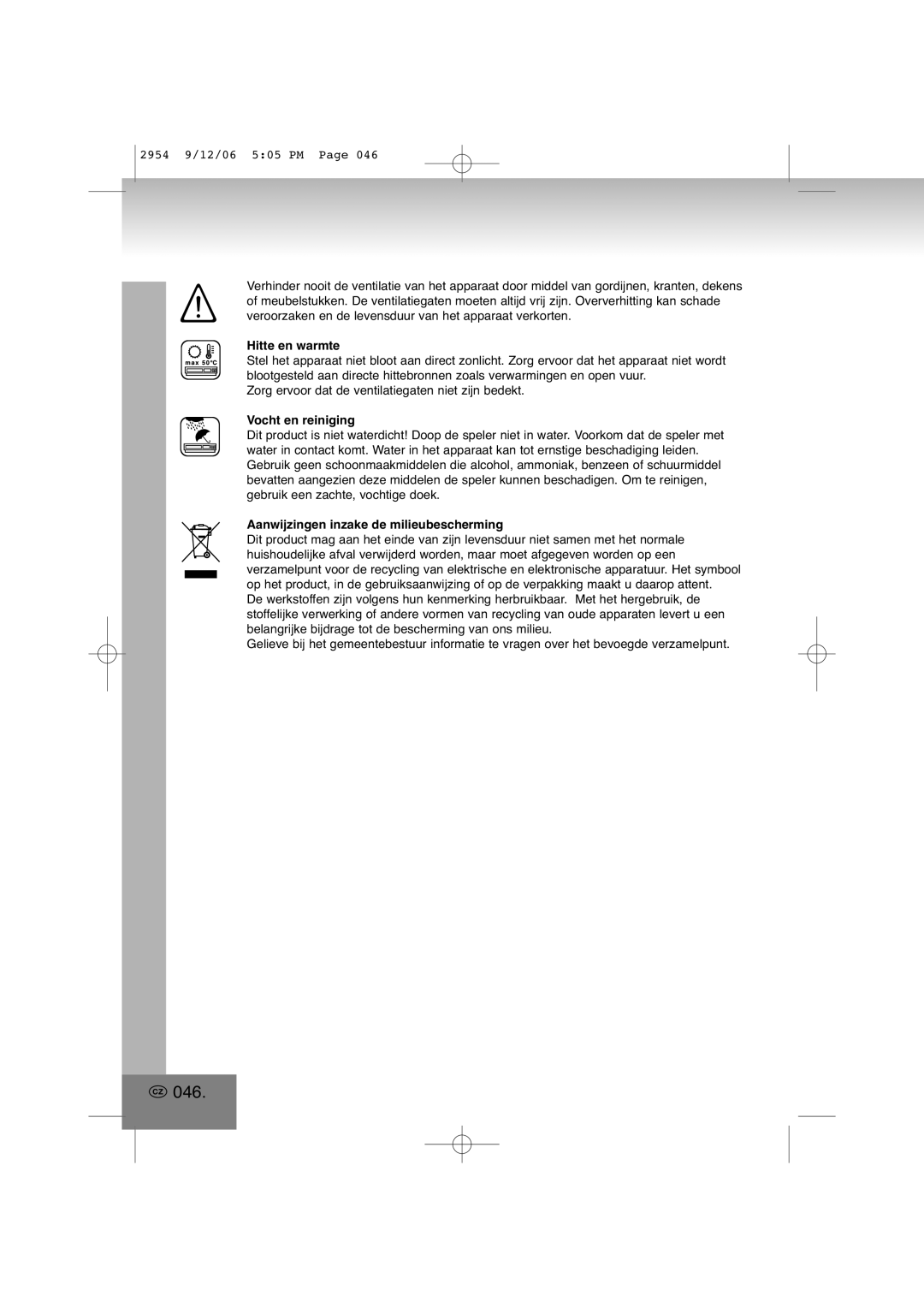 Elta 2954 manual 046, Hitte en warmte, Vocht en reiniging, Aanwijzingen inzake de milieubescherming 