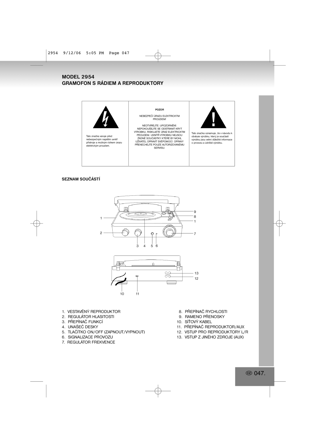 Elta 2954 manual 047, Gramofon S Rádiem a Reproduktory 