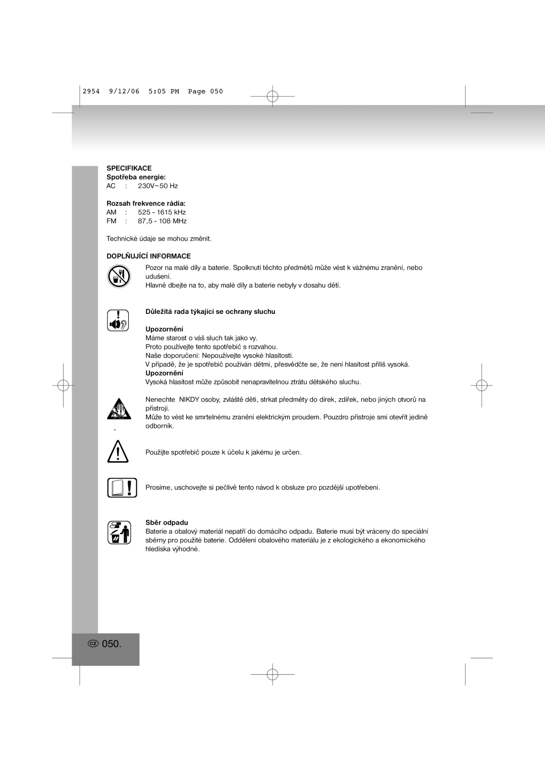 Elta 2954 manual 050, Specifikace, Doplňující Informace 