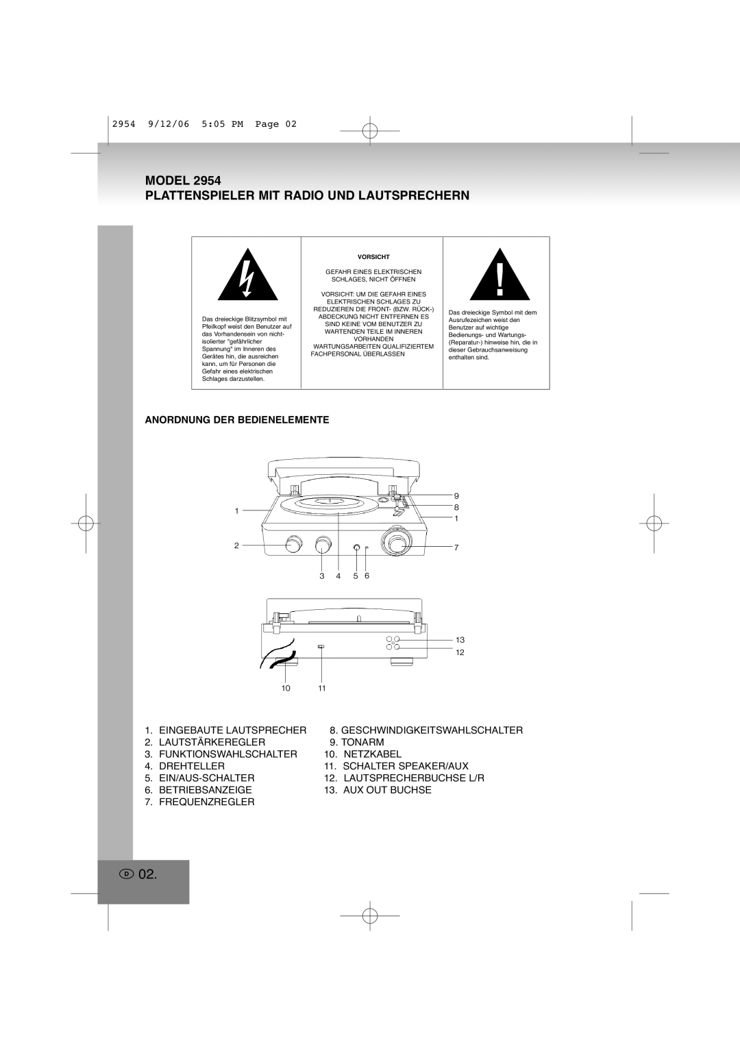 Elta 2954 manual Model Plattenspieler Mit Radio Und Lautsprechern, Anordnung Der Bedienelemente 