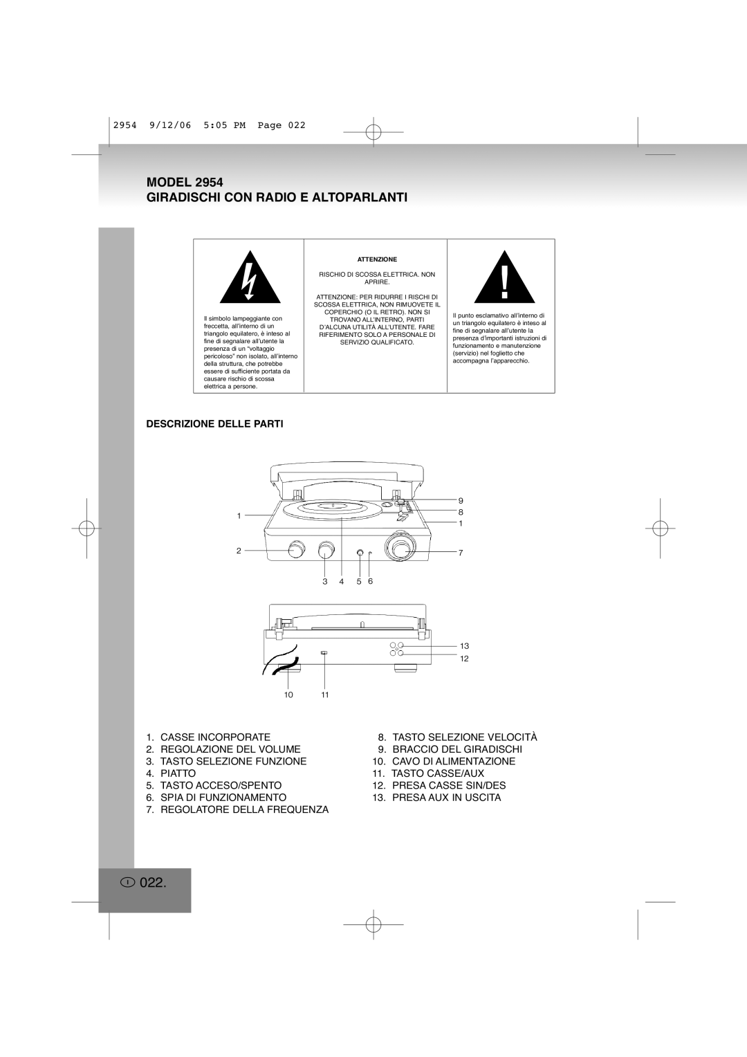 Elta 2954 manual I022, Model Giradischi Con Radio E Altoparlanti, Descrizione Delle Parti 