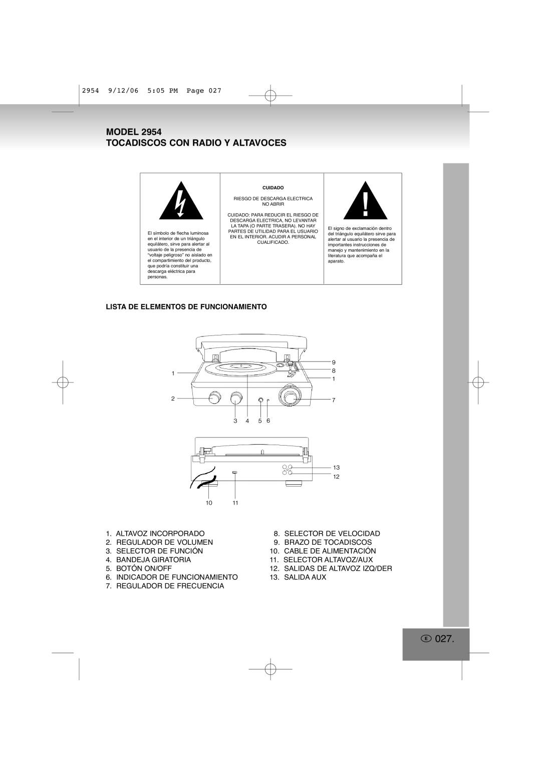 Elta 2954 manual E027, Model Tocadiscos Con Radio Y Altavoces, Lista De Elementos De Funcionamiento 
