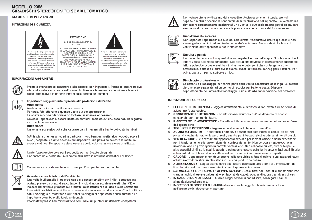 Elta 2955 manual Modello Giradischi Stereofonico Semiautomatico, Manuale DI Istruzioni, Istruzioni DI Sicurezza 