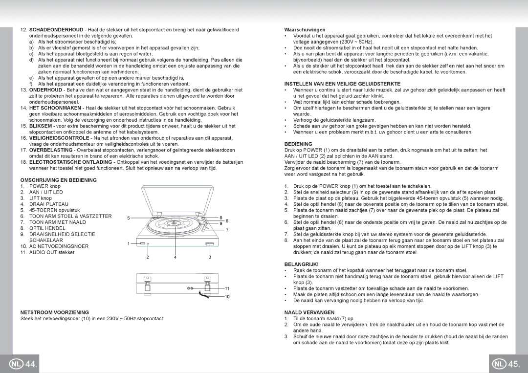 Elta 2955 manual Omschrijving EN Bediening, Netstroom Voorziening, Instellen VAN EEN Veilige Geluidsterkte, Belangrijk 