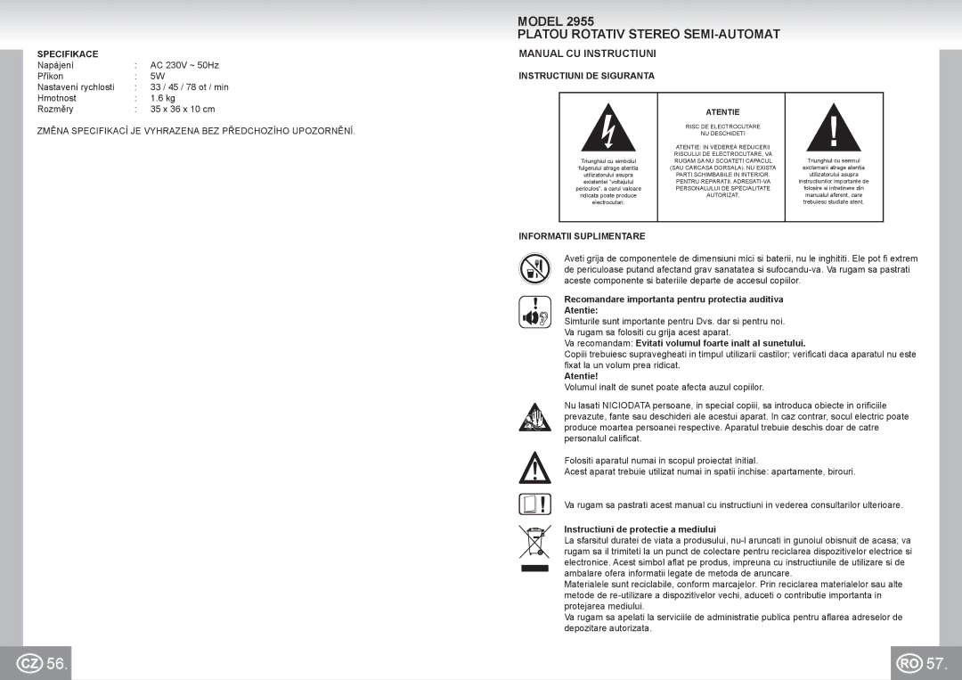 Elta 2955 manual Platou Rotativ Stereo SEMI-AUTOMAT, Manual CU Instructiuni, Specifikace, Instructiuni DE Siguranta 